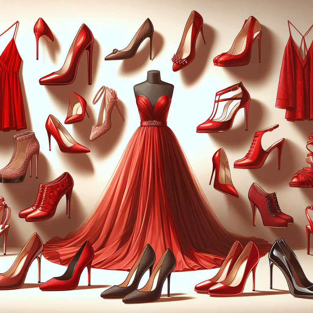 Stunning Shoes for Red Dresses: Find Your Perfect Match! Please generate an illustrative image showcasing an array of luxurious, stunning shoes designed for red dresses. The shoes should range in styles from elegant heels to sleek flats, with a variety of finishes, including leather, velvet, and patent. They should be displayed elegantly against a clean, neutral background. To complete the image, there should be different red dress designs subtly present in the background to highlight the perfect match between the shoes and dresses.