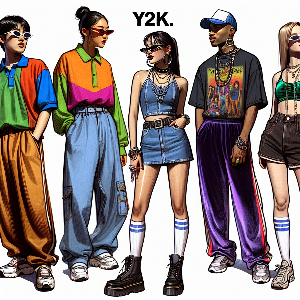 Must-Have Outfits for a 2000s Party: Effortless Style Imagine a collection of fashion essentials from the early 2000s, perfect for a themed party. Visualize several diverse people showing off these styles. An Asian man is dressed in baggy jeans and a brightly colored polo shirt. A Hispanic woman sports a denim mini skirt, paired with a halter top and flip flops. A Black woman is flaunting a velour tracksuit in bold colors, paired with oversized sunglasses. A white man dons a trucker cap with a band t-shirt and cargo shorts. All of them are wearing chunky jewelry and accessories, displaying the aesthetic charm of the Y2K fashion era with effortless style and confidence.