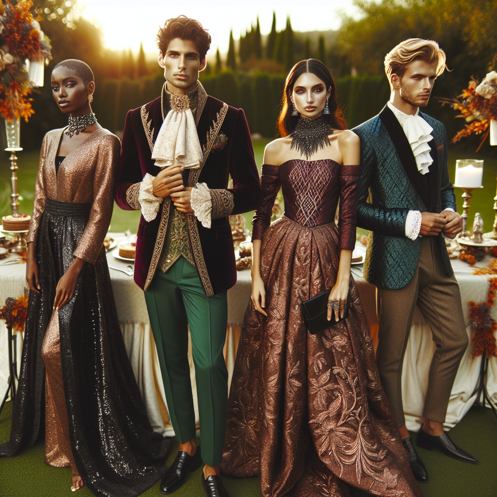 Stunning September Wedding Outfits 2024: Discover Now Envision an elegant outdoor wedding held in September 2024. Display an array of guests in beautifully styled outfits suited for the fall wedding season. Show a Caucasian man in a gorget with a deep emerald green suit and a Black woman in an enchanting burgundy dress with intricate embroidery. Include a South-Asian woman wearing a stunning sequin saree in shades of gold and a Middle-Eastern man dressed in a stylish navy-blue traditional attire. There's a neat arrangement of festive fall decorations around the guests, everything under the warm, golden light of a September sunset.