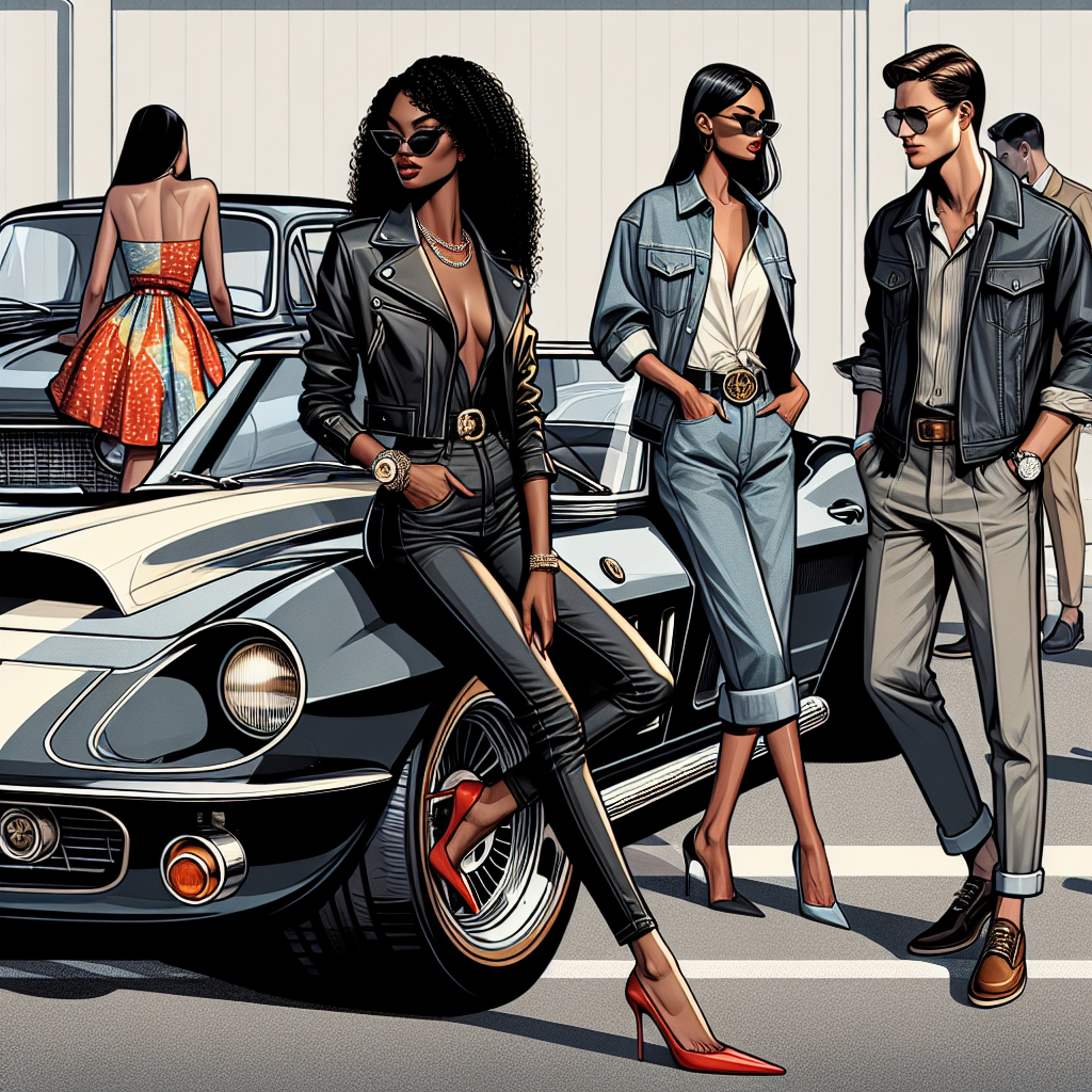 Stunning Outfits for Car Shows: Effortless Style A fashion-forward scene at a car show is depicted. A woman of African descent, donning a classy leather jacket, skinny jeans, and red stilettos, is leaning against a sleek monochrome sports car. A Hispanic man is nearby, clad in a denim outfit accessorized with a vintage wristwatch, as he admires a classic muscle car. Another South-Asian woman is seen in the background, her style is a vivid sundress complemented by comfortable flats, while checking out a vintage convertible. The outfits strike a balance between chic and approachable, embodying effortless style.