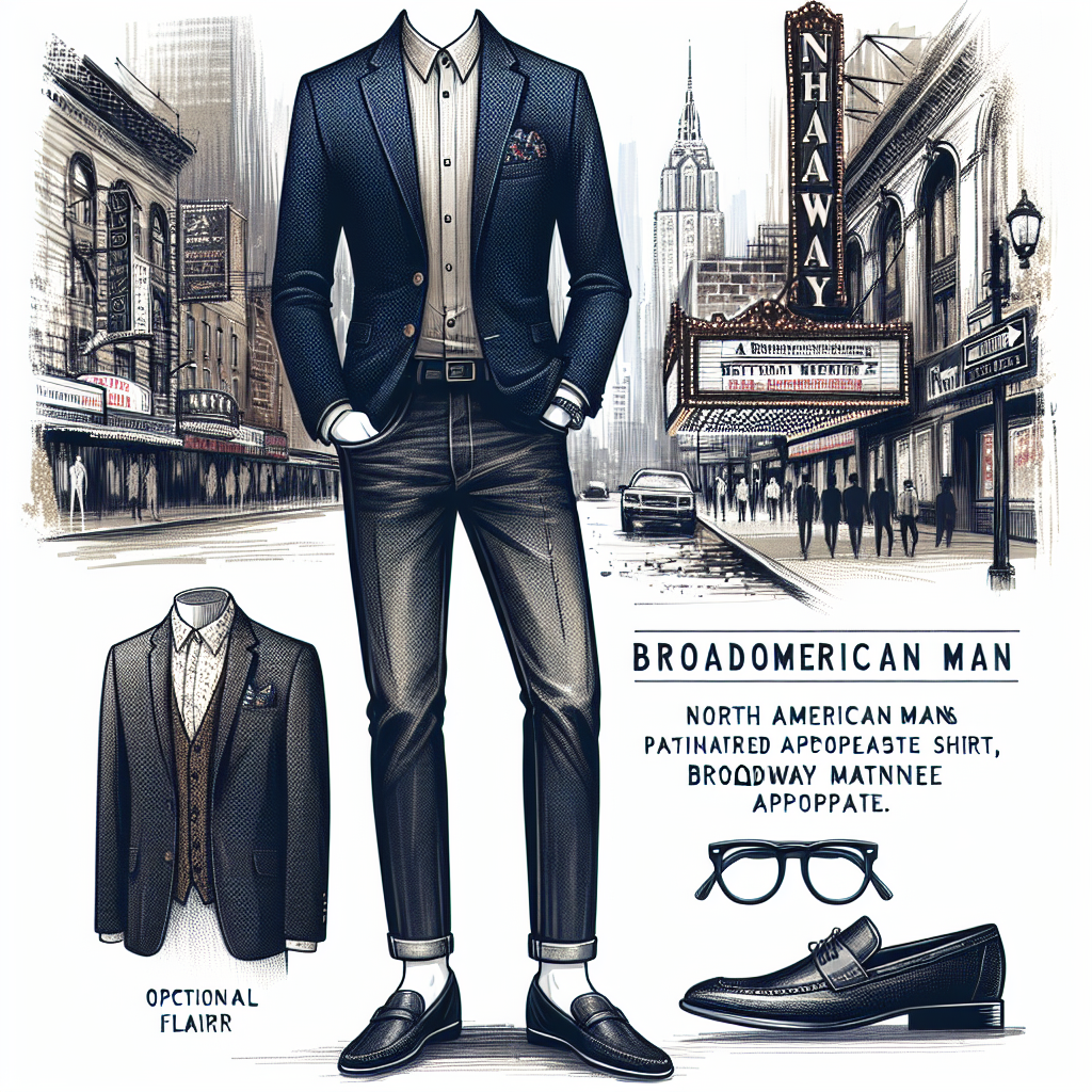 Must-Have Men’s Attire for a Broadway Matinee A well-coordinated fashion illustration featuring North American man's Broadway matinee appropriate attire. Let the visualization highlight a sharp, stylish blazer paired with a comfortable, semi-formal shirt beneath, and crisp, dark-washed jeans. Add an optional flair accessory like a trendy, patterned pocket square peeking subtly from the blazer pocket. Feet are adorned in sleek, polished loafers. To complete the ensemble, portray a pair of black frame glasses casually held in one hand. The backdrop subtly indicates the busy urban streets of a theatre district, adorned with vintage marquees. Use realistic style and medium.