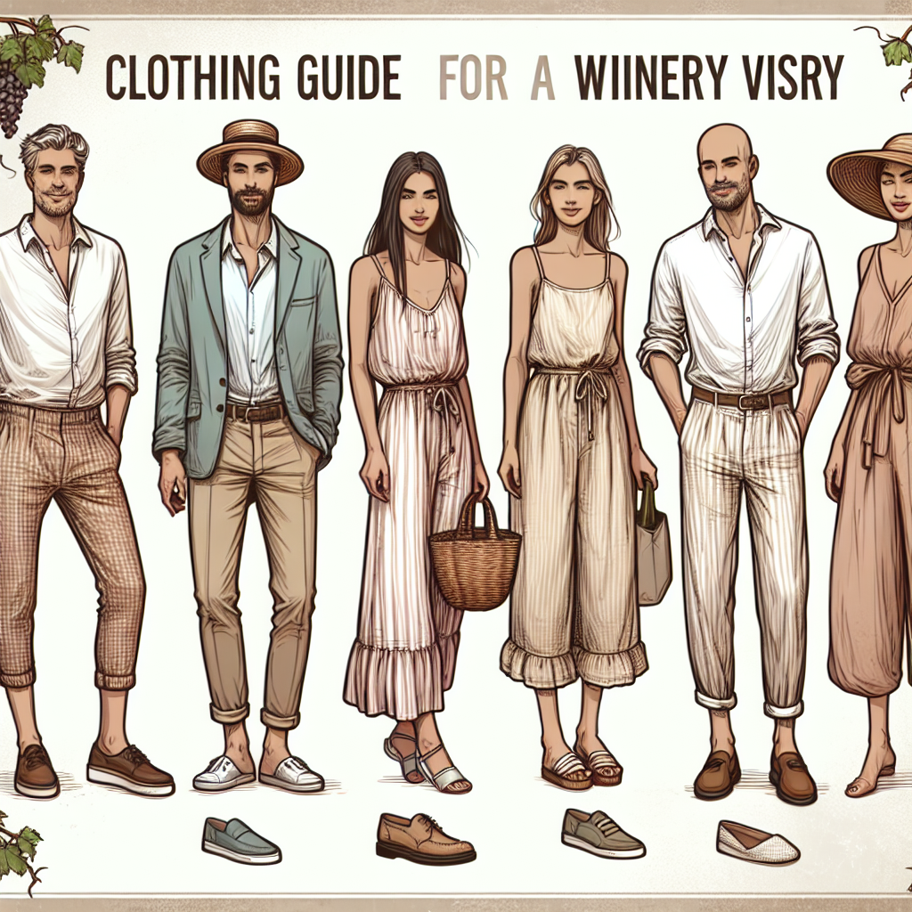 Winery Outfit Guide: Stunning, Effortless Styles Create an image showing a clothing guide for a winery visit. On one side of the image, illustrate a collection of laid-back, yet eye-catching outfits suitable for a winery. This should include casual chic apparel, comfortable shoes, and suitable accessories. On the other side, depict the outfit being worn by a diverse group of people, include a Caucasian man wearing a lightweight blazer and loafers, a Hispanic woman donning a breezy summer dress and sandals, and a South Asian individual wearing trendy linen trousers and a stylish hat.