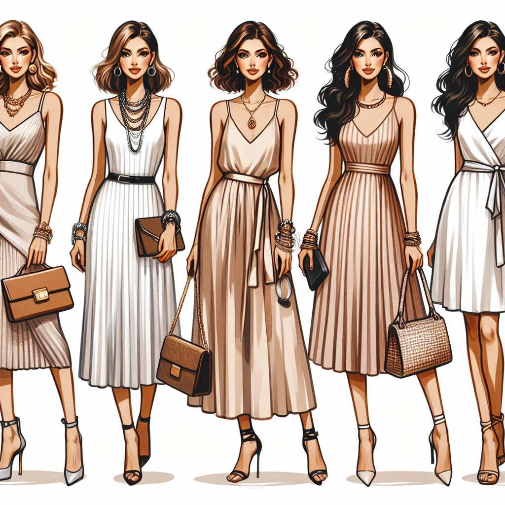 Stunning Outfit Ideas for Sleeveless Dress Elegance Visualize a collection of stylish outfit ideas featuring sleeveless dresses. Include a Caucasian woman gracefully posing in a sophisticated, knee-length sleeveless dress paired with jewelry, high heels, and clutch, a South Asian woman elegantly sporting a glamorous maxi sleeveless dress accessorized with a chunky necklace, platform shoes and a tote bag, a Middle-Eastern woman confidently wearing a chic midi sleeveless dress, coupled with strappy sandals, hoop earrings and a crossbody bag, and a Hispanic woman looking radiant in a mini sleeveless dress with ballet flats, bracelets, and a hobo bag. Each should depict a unique sense of elegance and poise.