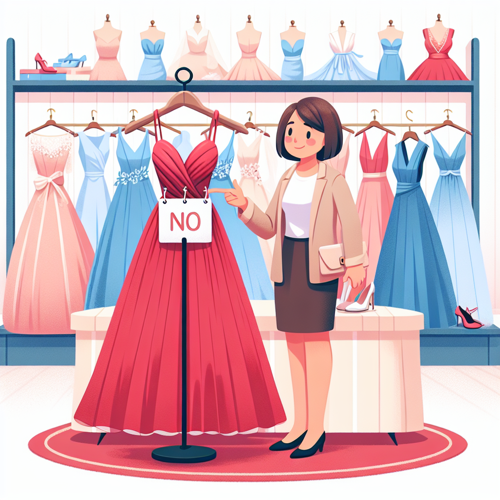 What Color Dress Not to Wear at a Wedding: Essential Tips Visualize an informative scene for an article on wedding etiquette. A bold, red dress hanging on a wooden hanger with a sign on it symbolizing 'no'. In the background, a spread of acceptable dresses in pastel shades (pale pink, baby blue, light peach) on display. A South Asian woman with bob hairstyle who is an expert in wedding fashion tips, is giving advice to a Caucasian man on what dress to select. All this takes place in a paradise of an upscale boutique filled with elegant dresses and suits.