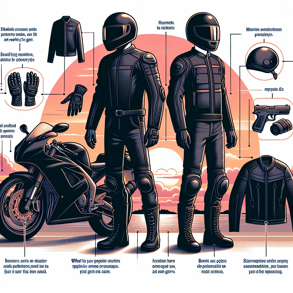 Essential Guide: What to Wear on a Motorcycle An educational illustration for an article titled 'Essential Guide: What to Wear on a Motorcycle'. Show a black motorcycle on the left side of the image against a sunset background. To the right, depict two riders of different genders, one Hispanic and the other Caucasian. They are dressed in protective gear for motorcycle riding: helmets, jackets, gloves, trousers and boots. Each item of clothing is labelled with its proper name and a short sentence underneath explaining its importance in safety. Use a clear, readable font for the labels and ensure it is suitable for an informative article.