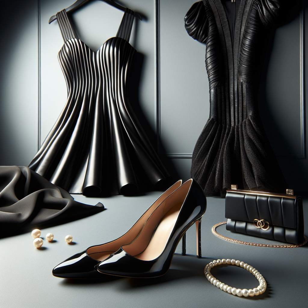 Court-Ready Chic: Best Shoes for Your Black Dress A fashionably styled scene featuring a pristinely polished pair of high-heeled shoes, characterized by their glossy black finish and intricate, feminine detailing. The shoes are presented next to an elegantly draped black dress, demonstrating a perfect match. The dress boasts a classic silhouette with a modern twist, reflecting its chic aesthetics. A well-lit, minimalist backdrop enhances the focus on the footwear and dress ensemble, conveying a sense of sophistication, readiness for a court appearance, and high fashion. Small additions like a pearl necklace laid near the dress or a clutch purse could add extra finesity to the scene.