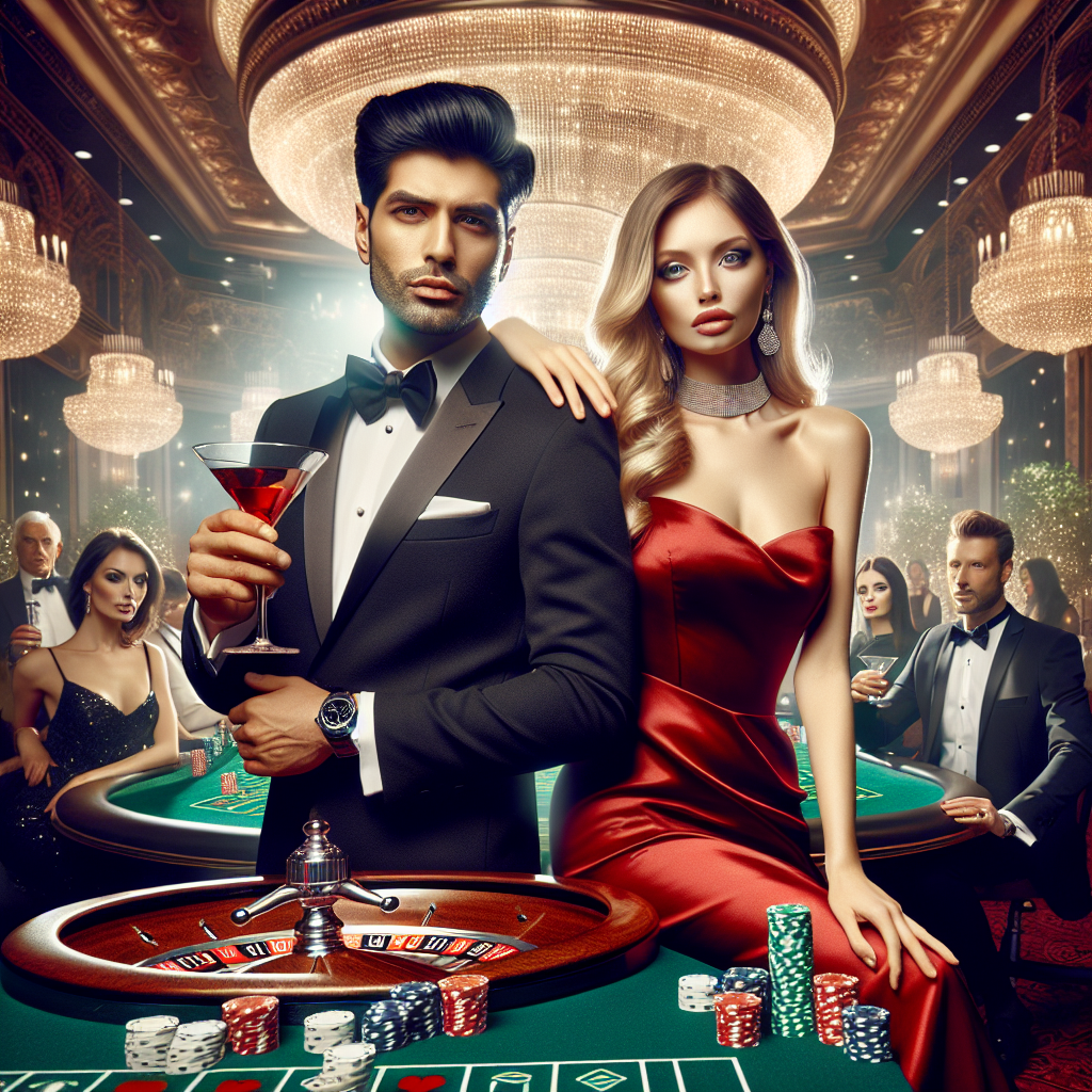 Stunning Casino Party Attire: Must-Have Elegant Looks An elaborate scene of a casino party. The foreground features a stylish South Asian man in a black tuxedo, holding a martini glass, and a Caucasian woman in a red satin cocktail dress with a silver necklace. Both display confident expressions and elegant poses. The background reveals a lavish casino with green felt gaming tables, sparkling chandeliers, and patrons of diverse descents equally represented enjoying themselves in fashionable evening attires. A roulette wheel spins in the center of the frame while poker chips are scattered across various tables.