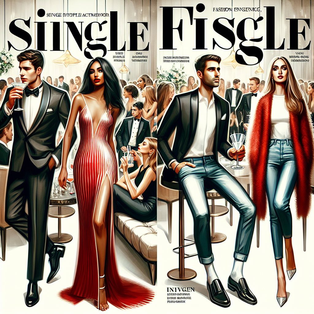 Stunning Outfits for Singles Events: Effortlessly Chic Imagine a magazine article centered on fashion advice for single individuals attending social events. The cover should display a collection of stylish outfits perfect for such occasions. In the background, a lively, upscale cocktail party scene should be in focus to signal social engagement. The outfits should be a range of formal to casual: an elegant black tuxedo for a Caucasian man, a glamorous red cocktail dress on a black woman, jeans paired with a stylish blazer on a Hispanic man, and a chic jumpsuit on a Middle-Eastern woman. All outfits should demonstrate an effortless chic vibe.