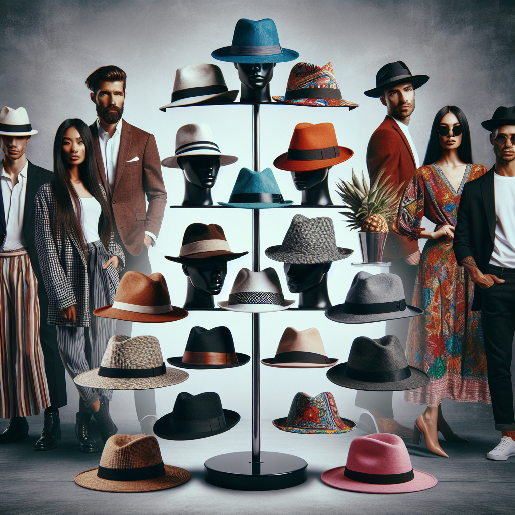 Stunning Fedora Styles: Effortlessly Match Any Look Create an image that presents a variety of Fedora hats, focusing on styles that compliment different types of fashion. Show a stand displaying different Fedora hats: classic, modern, patterned, and colourful, located at the center of the image. Around, feature diverse models of both genders: A Caucasian man dressed in a chic, business style showcasing a classic black Fedora; a Hispanic woman showcasing a modern white Fedora while dressed in trendy casual clothes; an Asian woman sporting vibrant, patterned Fedora as part of her bohemian outfit; and a Middle Eastern man with a colourful Fedora complementing his stylish casual look.