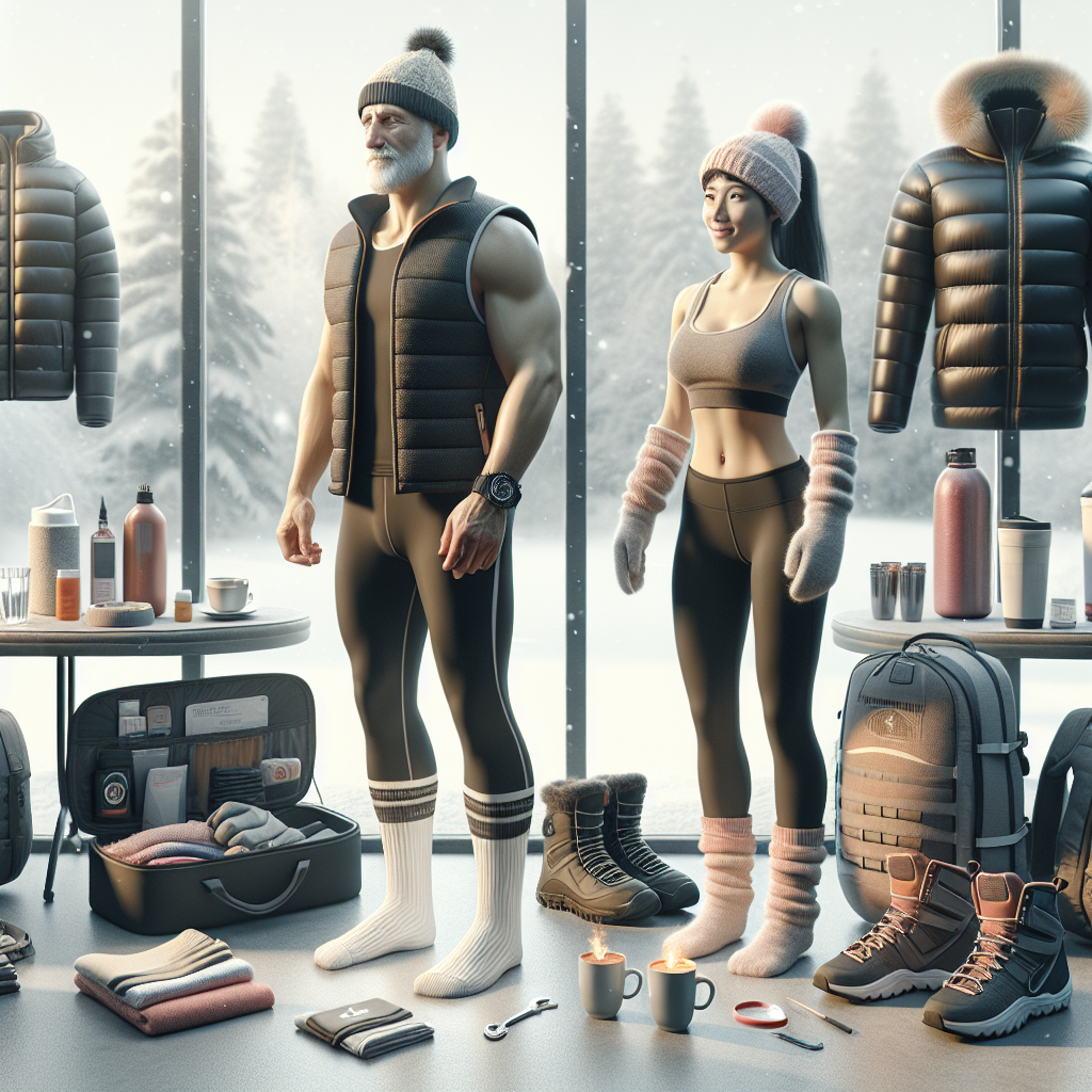 What to Wear to a Trampoline Park in Winter: Effortless Guide A visualization of a detailed guide on what to wear to a trampoline park in winter. Portray a mid-aged Caucasian male and a young Hispanic female preparing for their trampoline session. They are indoors, surrounded by soft snowy light coming from the windows. The male is wearing thermal athletic wear, comfortable sneakers, thick socks, a light insulating vest, and a beanie. The female is outfitted in a warm workout set, high-top sport shoes, matching gloves, and a headband protecting her ears from cold. Nearby, a backpack with additional layers of clothing, hot drinks in an insulated bottle, and a first-aid kit is open, in case they need anything else.