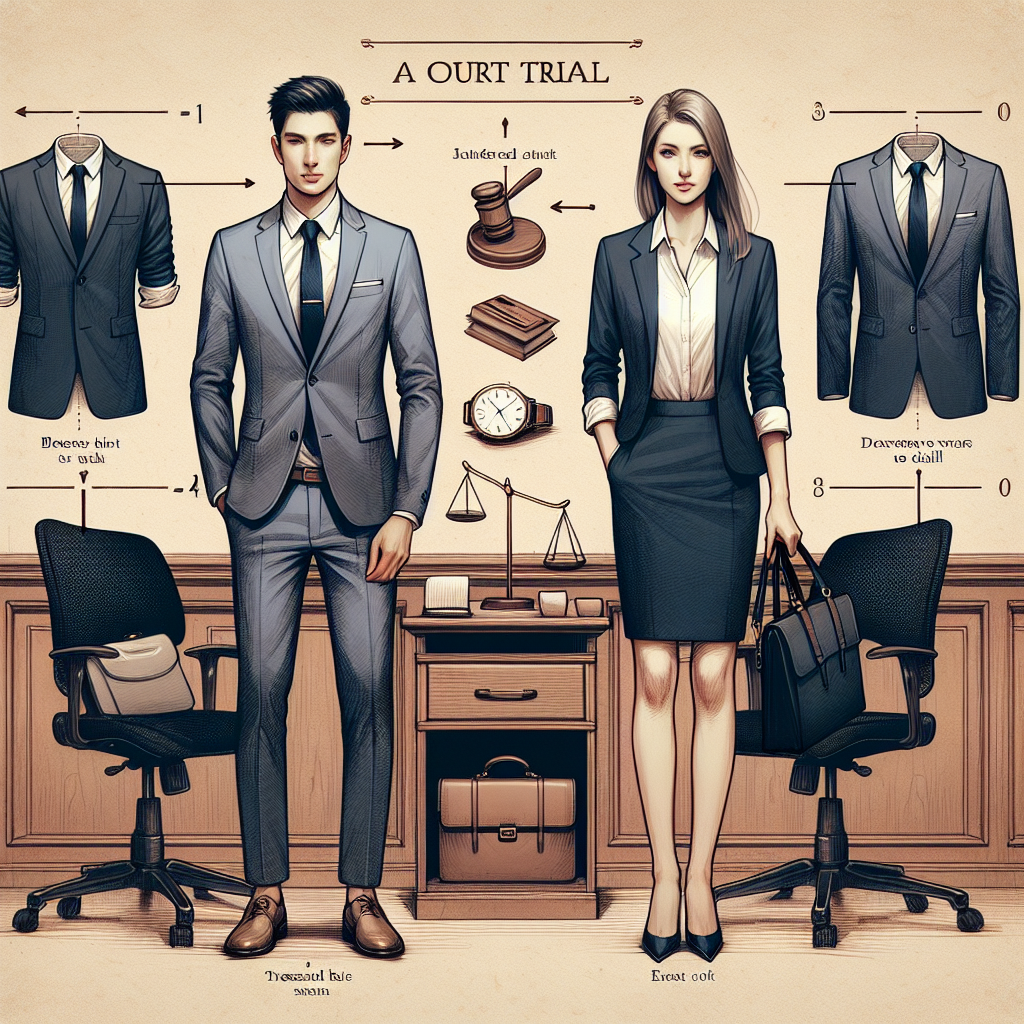 A comprehensive and visually informative image presenting a guide on what to wear to a court trial. The image should showcase two different sections. The first section displays a professional South Asian male wearing a tailored suit, crisp white shirt, and a tasteful tie. The second section represents a confident Caucasian female in a conservative, yet chic, blouse and skirt or trouser suit. The background subtly indicates a courtroom setting. Accessories like a briefcase, elegant wrist watch can be added for details. Notations should be made adjacent to the outfits, indicating their appropriateness for a court trial.