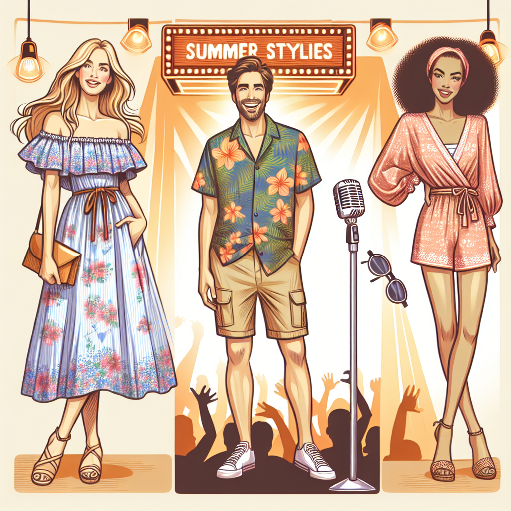 Create a vibrant, playful image encapsulating the theme of 'Stunning Summer Styles: Dressing Effortlessly for Comedy Shows.' Highlight a trendy summer outfit for a comedy show composed of a stylish breezy sundress with floral patterns for a Caucasian woman, a cool Hawaiian shirt paired with khaki shorts for a Middle-Eastern man, and a chic playsuit in pastel colors for a Black woman. The background should symbolize a lively, laughter-filled comedy show environment with hints of a stage, spotlight, and a microphone stand.