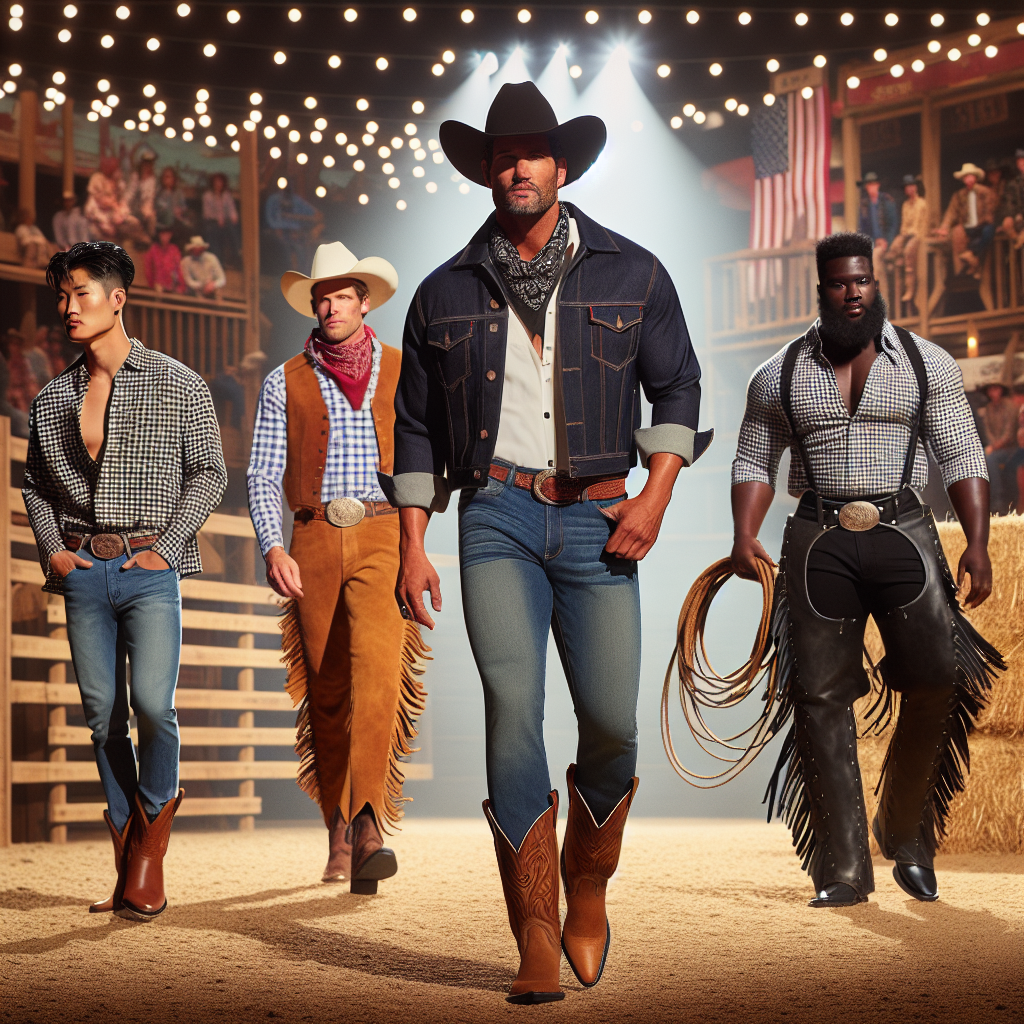 An upbeat scene showcasing various aspects of men's rodeo style. On the left, a South Asian man briskly walks in a contemporary cowboy outfit, exuding confidence &ndash; denim jacket, flannel shirt, brown cowboy boots, and a wide-brimmed hat. Towards the center, a Caucasian man broad-shouldered and embodied in rural style, wearing a crisp white shirt with suede chaps, bullhide cowboy boots, and holding a lasso. To the right, a Black man represents a fusion of modern and traditional with his black denim trousers, checkered shirt, leather vest, and unique cowboy hat. All against the backdrop of a lively rodeo, filled with wooden barricades, haystacks, and festooned with lights.