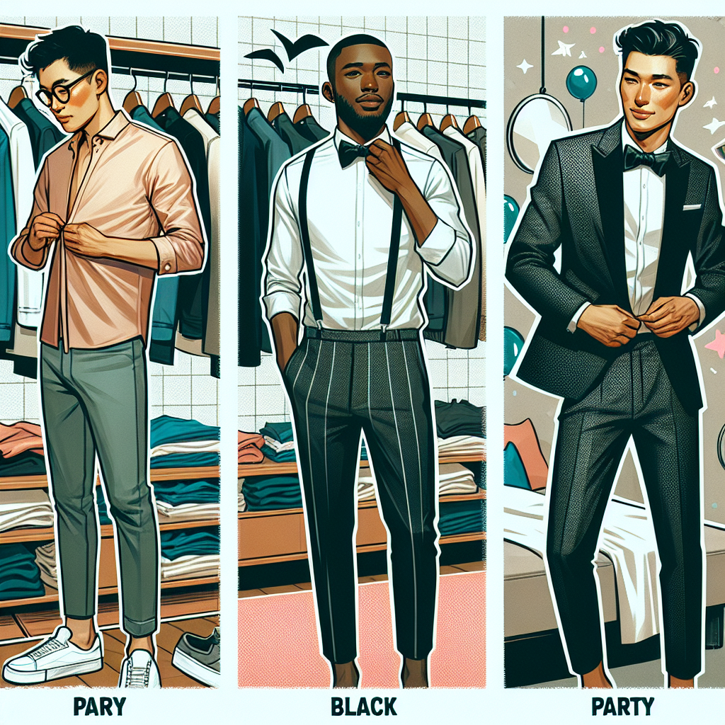 A visual guide demonstrating party fashion for men. The three-part scene features an Asian man selecting clothes from a well-organized wardrobe, a Black man tying a stylish bow tie while looking into a mirror, and a Hispanic man confidently flaunting a sleek, well-put-together outfit at a party. The outfits exhibited should exude style and coolness, with a distinct effortless feel. The illustration should be vibrant and lively, demonstrating a modern aesthetic.