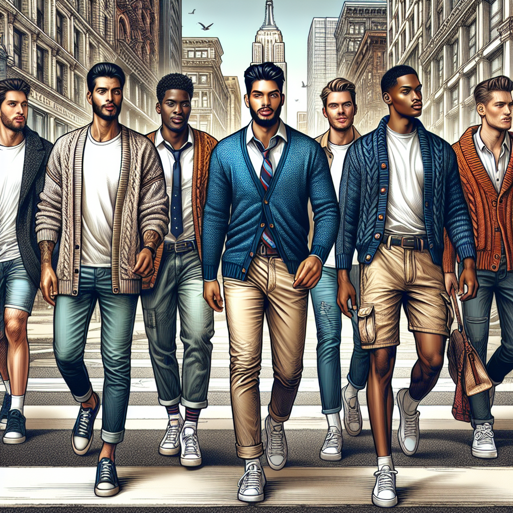 Create a detailed and vibrant image depicting a diverse group of men from different descents like Hispanic, Middle-Eastern, South Asian, Caucasian, and Black, each sporting a unique style of cardigan. One of them is wearing a cardigan with a classic white t-shirt and jeans, another is wearing a cardigan over a collared shirt and tie, another one is wearing a chunky knit cardigan with a casual shirt underneath and cargos, and another is pairing his cardigan with a polo shirt and khakis. Add a city street style backdrop to create a bustling, fashion-forward setting. The men are confidently striding down the street, showcasing their cardigan styles.