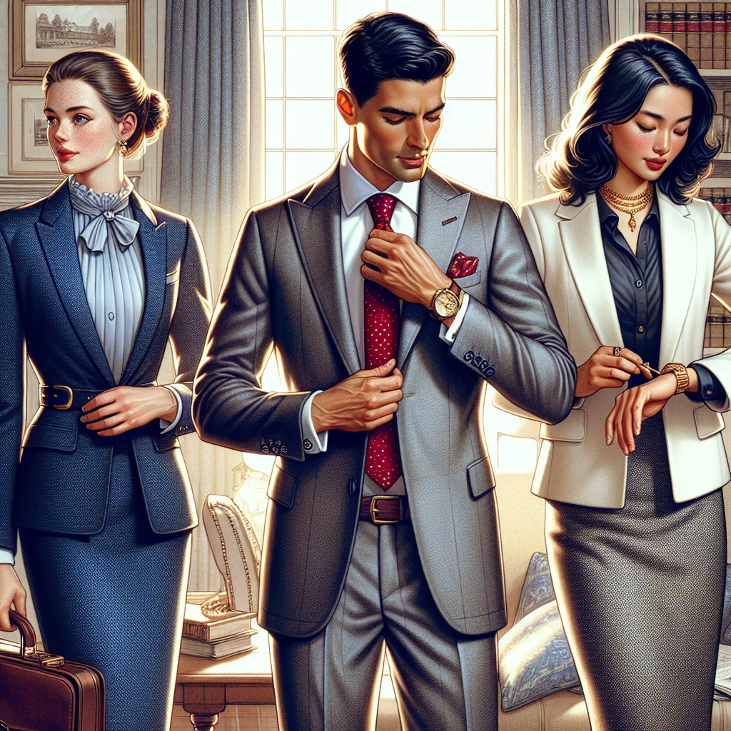 What to Wear to Court: Effortless, Must-Have Guide An elegant, detailed illustration depicting three individuals of different descents preparing for court. On the left, a Caucasian woman in a tailored navy-blue suit paired with a light-colored blouse and tasteful jewelry. In the center, a Hispanic male adjusts his crimson tie against a charcoal gray suit, his briefcase nearby. To the right, a South Asian woman checks her gold watch while wearing a crisp, white blazer over a knee-length pencil skirt. The background shows tasteful home setting with books and the morning sunlight streaming through a window.