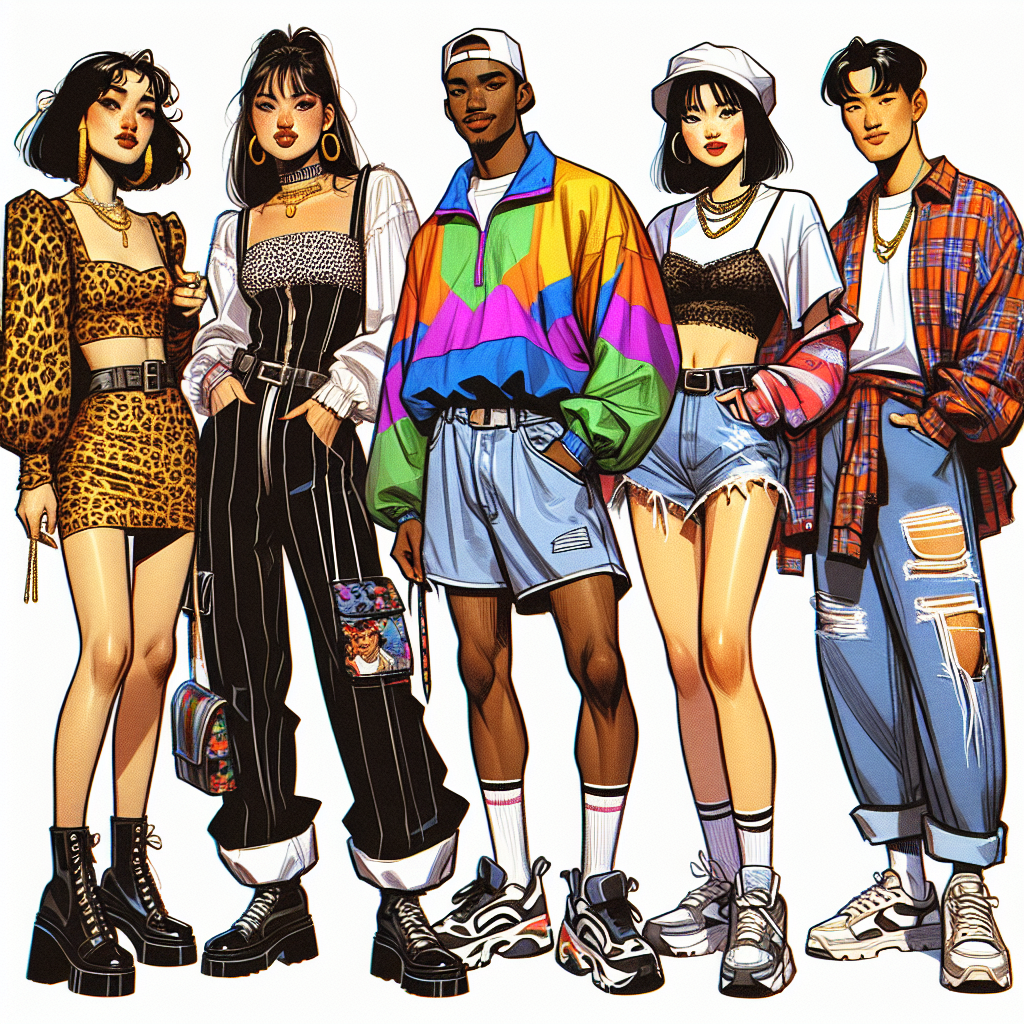 Stunning 90s Outfits: Find Your Perfect Party Look! A lively fashion scene from the 1990s, showcasing a variety of party outfits. Picture a Caucasian woman in a leopard print mini dress paired with chunky black boots, a Hispanic man styling a brightly colored windbreaker with baggy jeans and sneakers, a Black woman wearing a crop top with high waist 'mom' jeans and platform sandals, and an Asian man in a flannel shirt tied around his waist, white tee, and ripped jeans. The atmosphere should exude fun and retro vibes as these outfits symbolize the iconic fashion trends of the era.