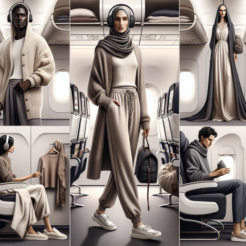 Effortless Chic: Must-Have Outfits for Long-Haul Flights Imagine a collection of must-have outfits for long-haul flights designed with effortless chic in mind. Picture scene one in the interior of an airplane. In it, a Middle-Eastern female is dressed in a cozy cashmere cardigan, paired with cotton lounge pants and slip-on shoes. She's supplemented her outfit with a neck pillow and a pair of noise-canceling headphones. Scene two showcases a Black male in an ensemble consisting of a soft wool hoodie, stretchy denim jeans, and comfortable sneakers. He's carrying a compact backpack with essential flight items. Scene three presents a South Asian female dressed in an elegant maxi dress, paired with a light blanket scarf and flat moccasins. Each person exudes sophistication and comfort, reflecting the essence of effortless chic.