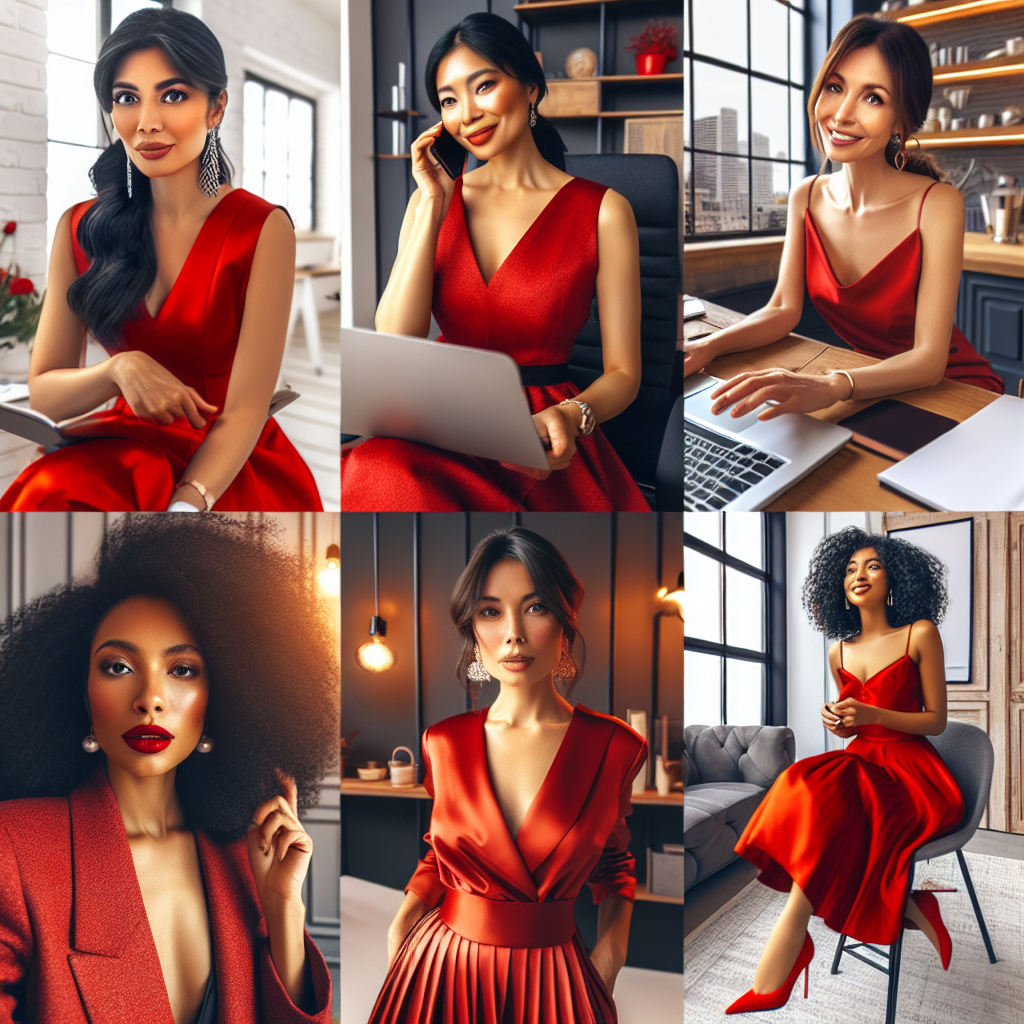 Stunning Zoom Interview Styles for Women in Red Dresses Imagine a variety of professional settings. In each, there's an elegantly dressed woman preparing for her digital meeting. She is South Asian with dark hair, styled stylishly, wearing a radiant red dress. Her office background exhibits a commendable balance between personal warmth and professional decorum. Another woman, Caucasian with blonde hair, is in a white pristine kitchen, wearing a fiery red dress, readying herself for a video call. Lastly, a Black woman with beautiful curly hair at an industrial loft, donning a scarlet swing dress. These women embody grace, confidence and the power of impeccable teleportation style.