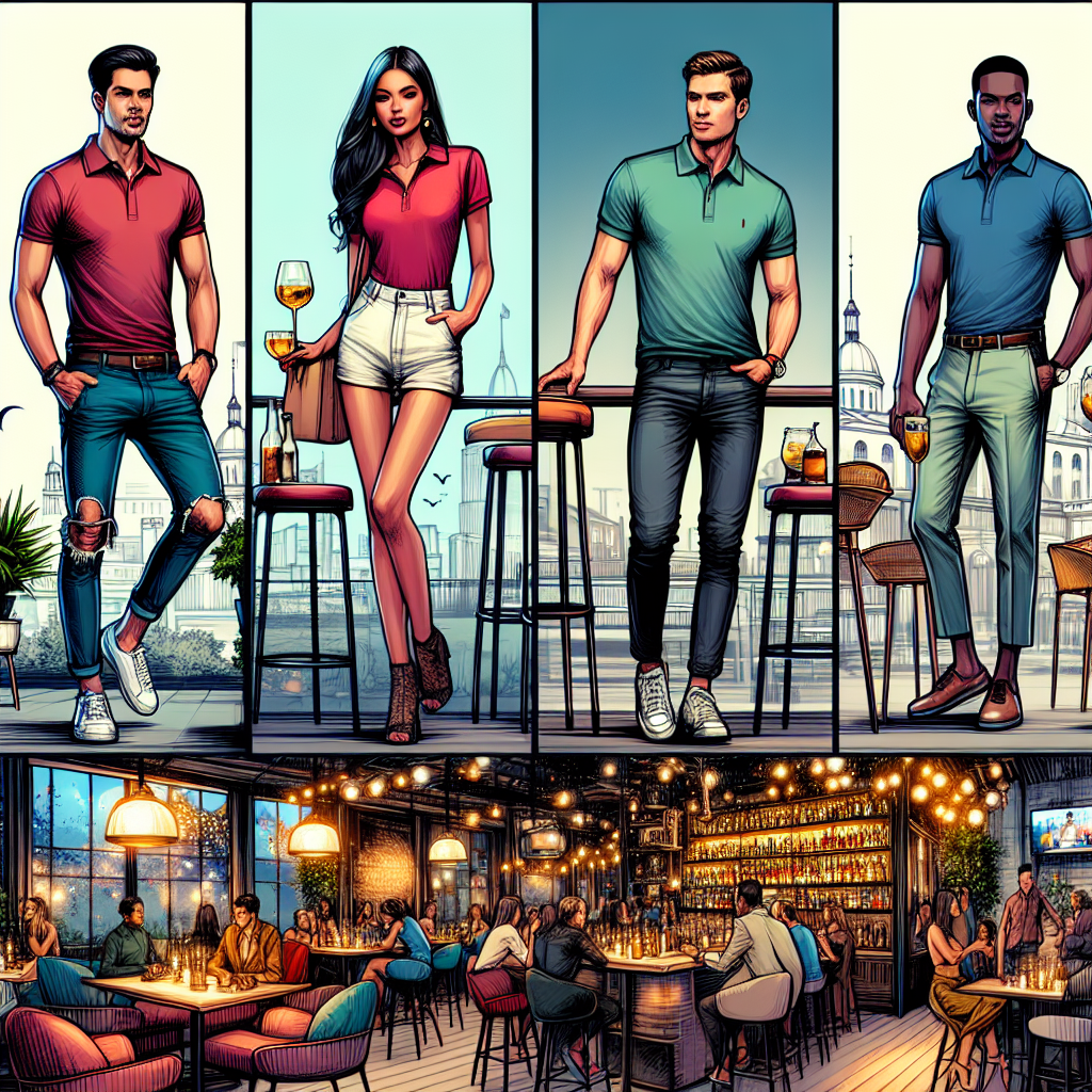 Polo Shirt Outfits: Must-Have Looks for Every Bar Scene Create a vibrant representation of various stylish polo shirt outfits suitable for every kind of bar scene. In the first visual, depict a South Asian male smartly donned in a casual polo shirt with ripped jeans at a sports bar. In the second, visualize a Caucasian woman fashionably sporting a polo shirt tucked into high-waisted shorts at a classy rooftop bar. Lastly, in the third setting, capture a Black man sporting a polo shirt paired with chinos in a relaxed, jazz bar ambient. Ensure to illustrate the ambiance and unique features of each different bar.
