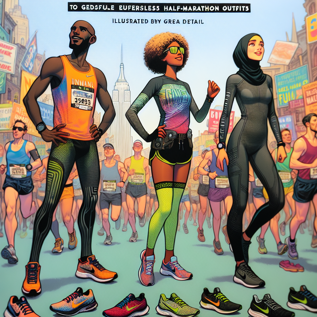 Imagine a guide for effortless half-marathon outfits, illustrated with great detail. Picture the cover showcasing three runners of different descents: one Caucasian, one Black, and one Middle-Eastern. Each runner wears a unique outfit illustrating the latest trends in running gear. The Caucasian woman sports a breathable, brightly colored tank top with matching running shorts. The Black man wears a state-of-the-art sweat-wicking shirt with form-fitting running pants. The Middle-Eastern woman is dressed in a performance-enhancing hijab with a long-sleeve running shirt and leggings. Each wears specialized running shoes, displaying the perfect balance between comfort and performance. The background is filled with the hustle and bustle of a half-marathon, with cheering spectators and vibrant signs.