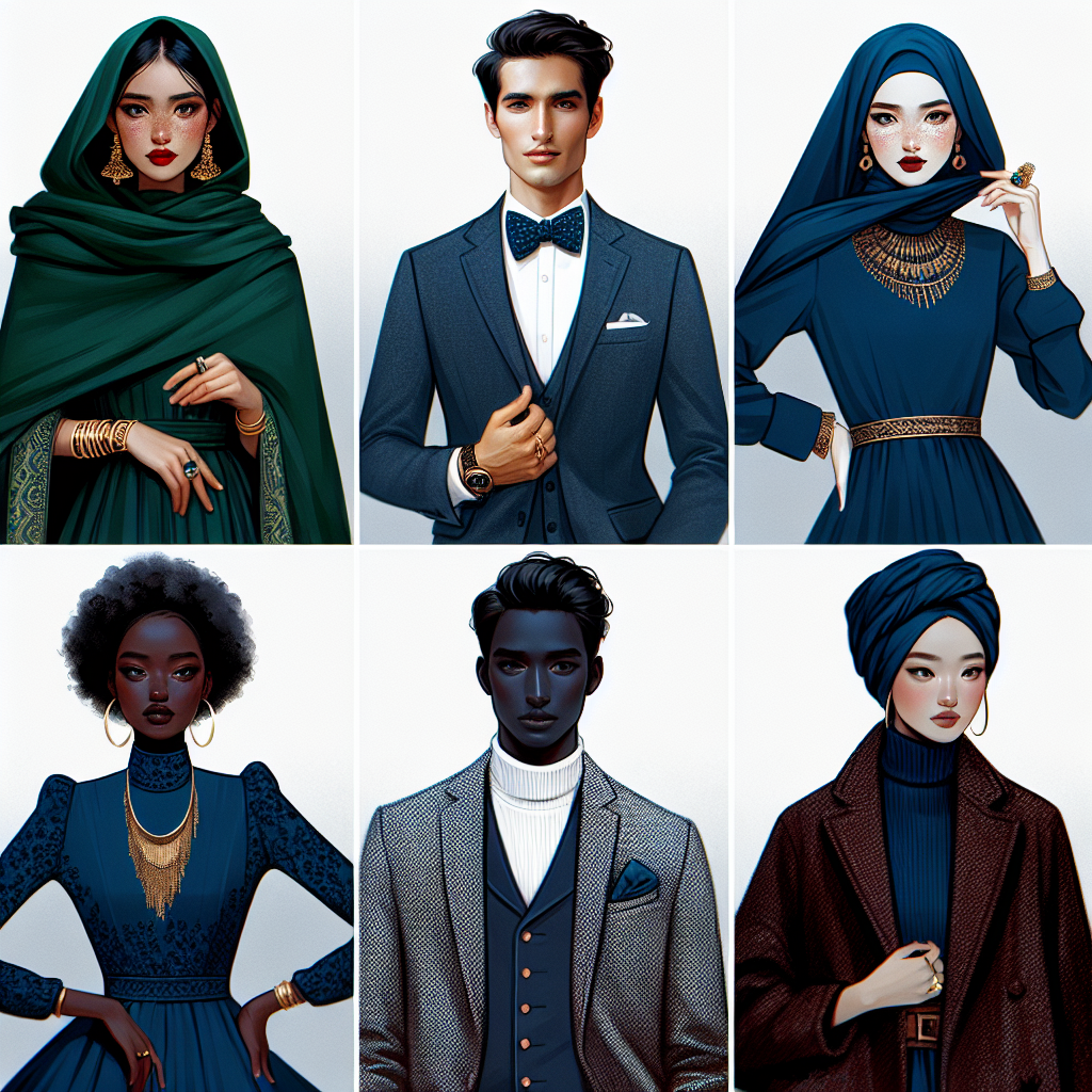 An array of fashionable outfits complementing a navy blue dress. Picture one, a Middle-Eastern woman wearing an emerald-green pashmina draped over her shoulders, accessorized with golden bangles. Next, a Caucasian man in a crisp white shirt with a navy-blue bow tie, matching the dress. Picture three, a Black woman characterized by a bold red headwrap, with her outfit accentuated by a chunky, tribal necklace. Finally, a South Asian man sporting a grey tweed blazer over a navy-blue turtleneck, akin to the colour of the dress. Each style radiates elegance, whilst contrasting and complementing the navy-blue dress.