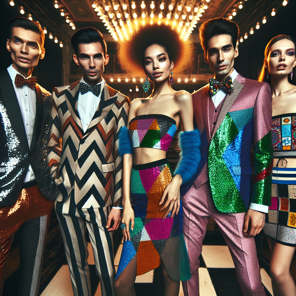 Stunning Outfits for Comedy Shows: Find Your Best Match! Imagine a fashion magazine spread featuring a collection of impressive outfits designed especially for comedy shows. Picture a diverse range of individuals, including a Middle-Eastern male wearing a flashy sequin suit, a Black woman donning a bold patterned dress, a White female flaunting a vibrant two-piece set with geometric designs, and an Asian man sporting a quirky bow tie with an eccentrically styled suit. They are all exuding a style that speaks of joy and laughter appropriate for a comedy event. Their expressions show confidence, their outfits colourful and playful, under the atmospheric, well-lit ambiance of a comedy club.