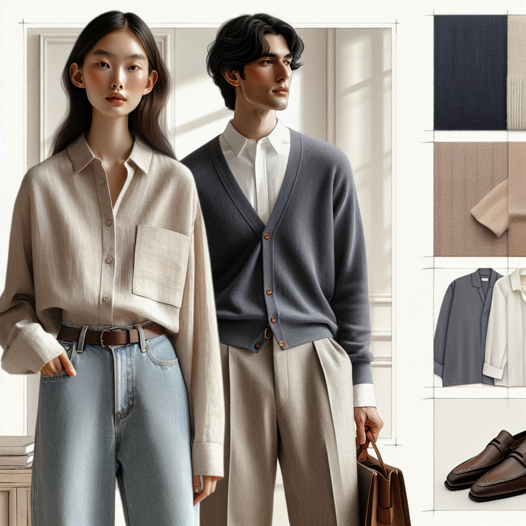 Effortless Chic: What Shirt to Wear Under a Cardigan Illustrate an elegant fashion guide focusing on effortlessly chic looks. A female model of Asian descent is at the center, wearing a neutral-hued linen shirt under a pastel-colored cashmere cardigan. She is paired with a classic pair of high-waisted jeans and chic loafers. A Middle-Eastern male model stands next to her, wearing a crisp white dress shirt under a navy blue cardigan, paired with wool trousers and brown leather shoes. The background consists of a soft, minimalist interior. The composition exudes an air of casual sophistication and comfort.