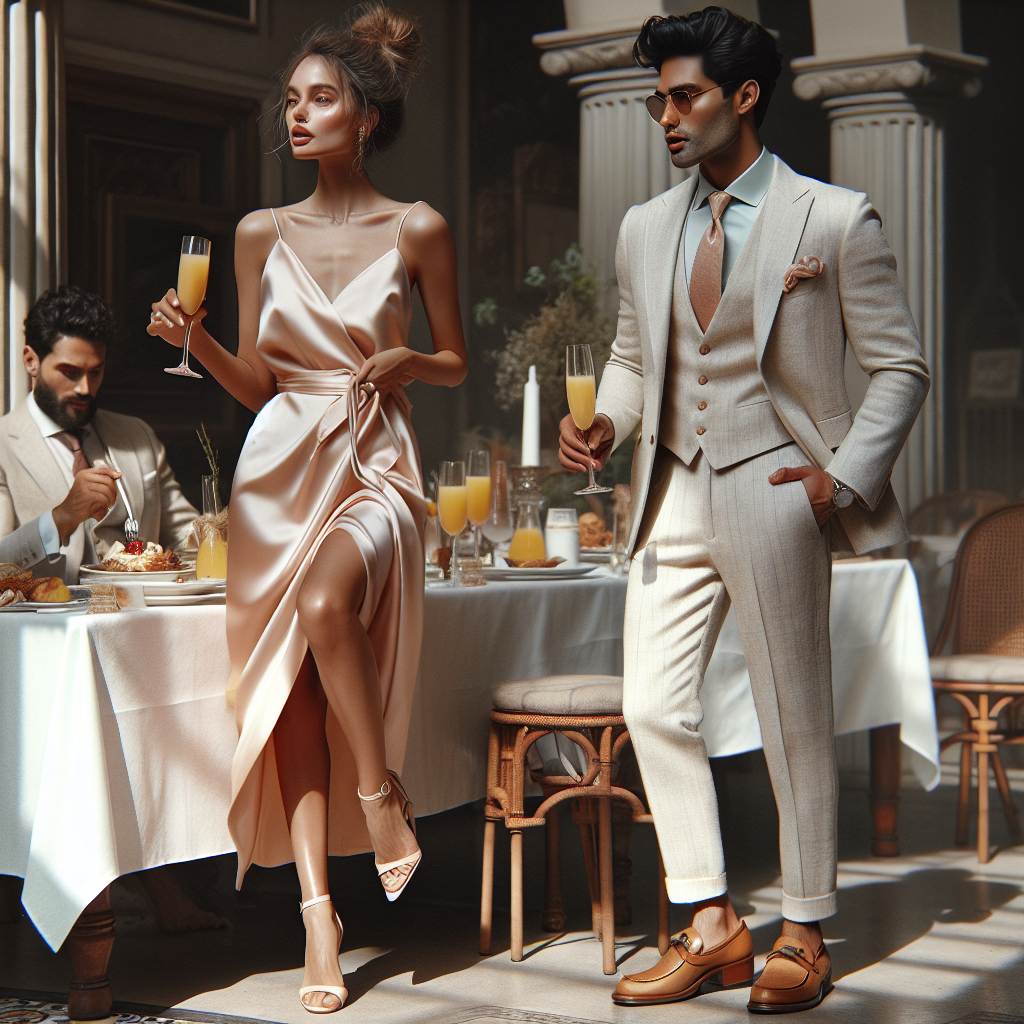 Imagine an upscale yet relaxed scene at a fancy brunch. The central character is a Caucasian woman, stunningly dressed in an elegant, pale peach silk dress that reaches just below her knees, paired with nude heels. Her hair is styled in a breezy bun, and she carries a small handbag. There's a South-Asian man nearby, exuding class in his effortlessly chic light-colored linen suit, coupled with a pastel shirt, a darker tie, and brown loafers. They are both sipping mimosas, engaging in lively conversation against a backdrop of a stylishly set table topped with delectable brunch items.