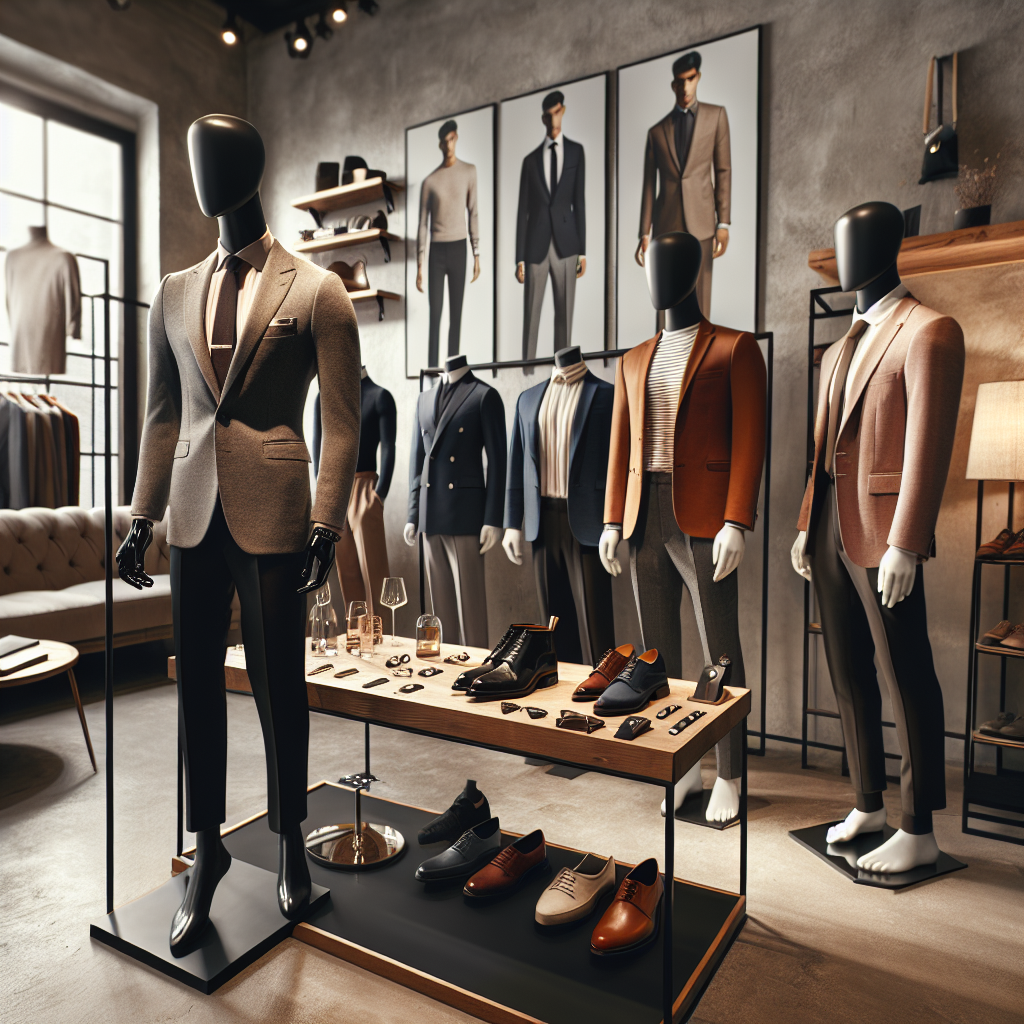 Find the Perfect Outfit for a Bartending Interview A scene in a cozy urban boutique showcasing different exemplary outfits for a bartending interview. To the left, a tall South Asian male mannequin is dressed in a refined, contemporary suit, complete with accessories like a tie clip and cufflinks. In the center, a display table showcasing an array of suitable shoes, watches, and belts. To the right, a petite Caucasian female mannequin presents a chic ensemble of tapered pants, a bold-colored blazer, and a minimalist blouse. On the back wall, reflect an array of outfit choices for people from different backgrounds.