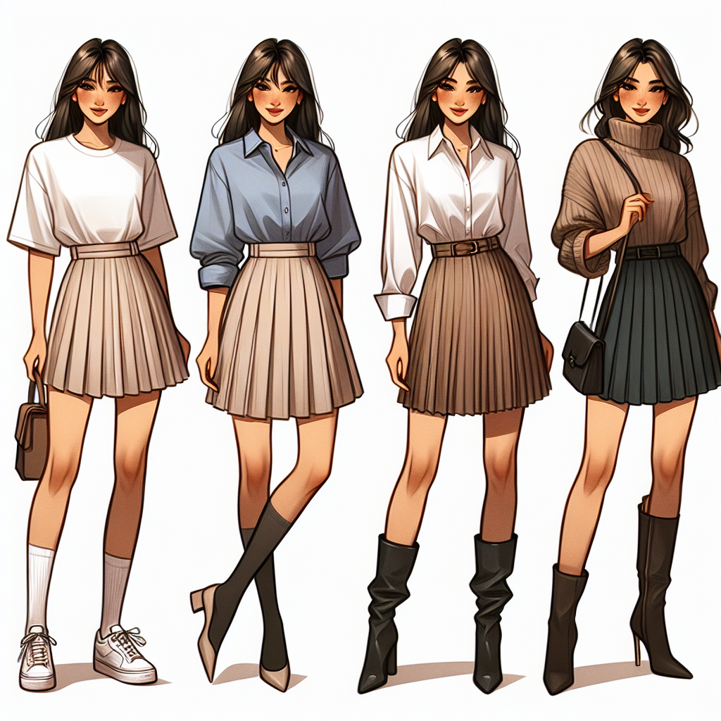 Imagine a style guide showcasing four different must-have looks to pair with a pleated mini skirt. The first is a casual look featuring a Hispanic woman with a loose t-shirt and tennis shoes. The second is an office-appropriate look with a Caucasian woman dressed in a buttoned blouse and court shoes. Next, envision a date-night look with a South Asian woman wearing a cropped top and strappy heels. Lastly, imagine a winter look, starring a Middle-Eastern woman layered in a cozy sweater and knee-high boots, each fashionably paired with a pleated mini skirt.