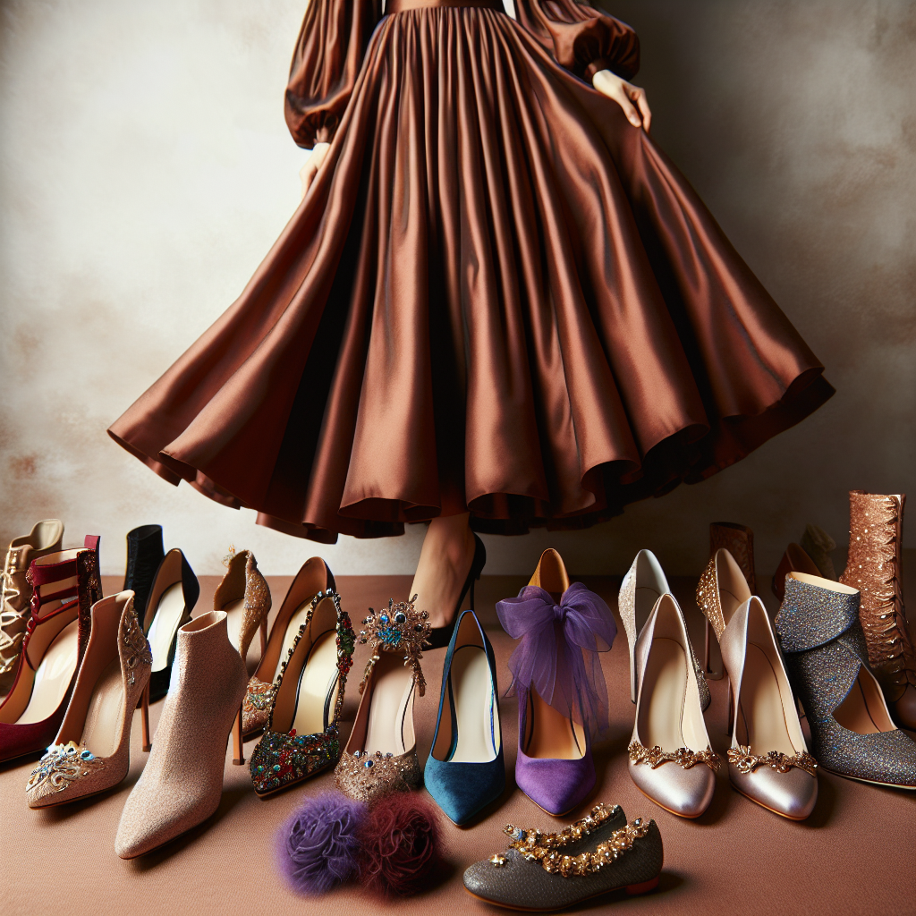 Discover Stunning Shoes for Your Brown Dress! Imagine a fashion-focused scene featuring an enchanting array of footwear options in high resolution. There are shoes of various styles – embellished high heels, sleek stilettos, comfortable flats, and elegant ankle boots – all designed to complement a beautiful chocolate-colored dress. The dress is a rich, deep shade of brown, cinched at the waist and flares out at the bottom. The shoes show off a vivid contrast of jewel tones, light pastels, and shiny metallic colors. All of these are beautifully organized against a soft, neutral background.
