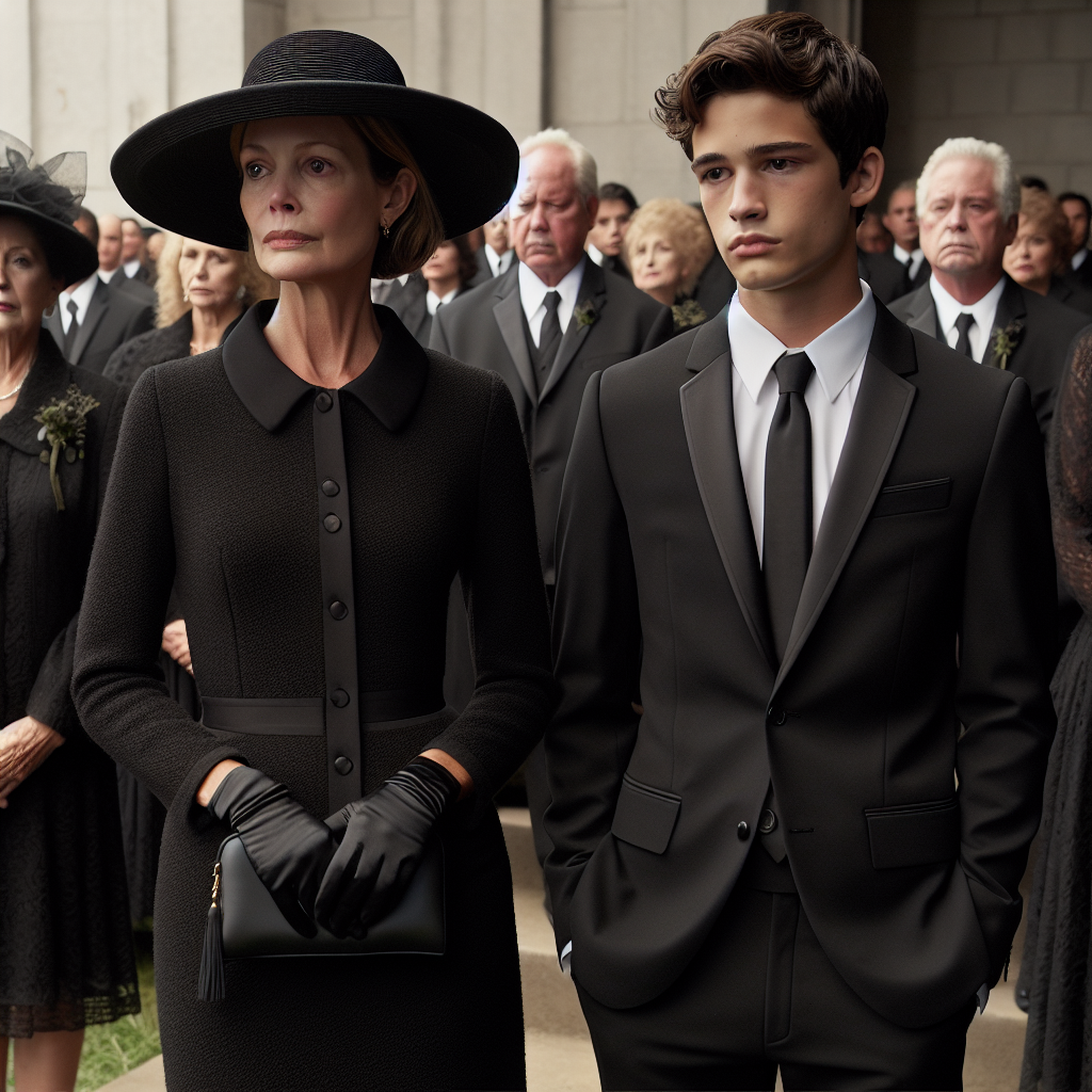 Stunning Funeral Attire: Effortless Elegance for Solemn Moments A solemn and dignified scene at a funeral, focusing on the seamless elegance of the attire of the mourners. A middle-aged Caucasian woman and a young Hispanic man can be seen wearing tasteful black mourning clothes, their outfits embodying simplicity, sophistication and gravitas. The woman wears a stylish black hat, a coordinating dress, and understated accessories. The man is suitably dressed in a fitted black suit, a crisp white shirt and a subdued tie. They stand against a backdrop of other mourners, all appropriately attired for the somber occasion.