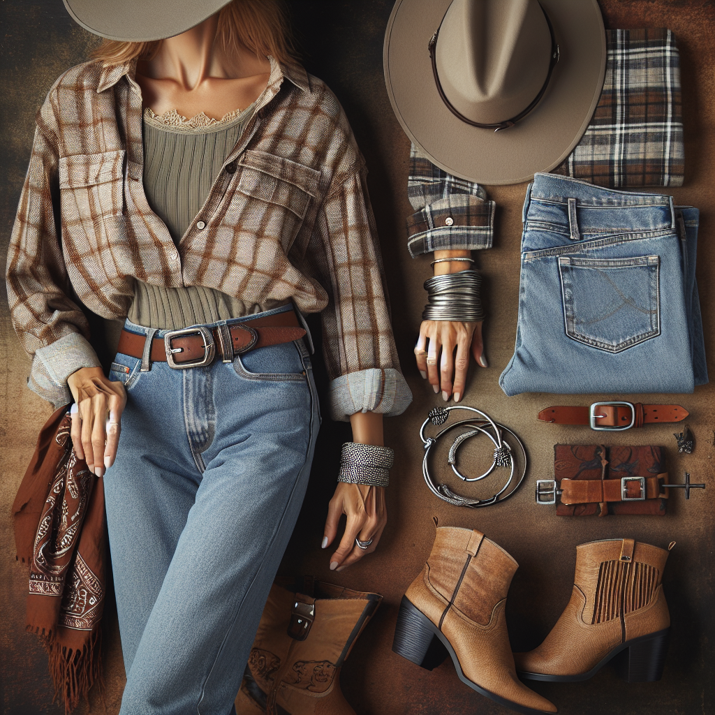 Country Concert Style: Effortless Must-Haves for Over 40 Create a fashionable, country-themed image showcasing style essentials for people over 40. The image should feature an outfit comprising denims, boots, plaid shirt, wide-brimmed hat, and a leather belt. Additional accessories could include silver bangles, a statement necklace, and a stylish bandana tied around the wrist. The portrayed person should be a middle-aged Caucasian woman showcasing an the outfit in an earth-toned outdoorsy setting, reflecting the effortless simplicity and rustic charm associated with country style.