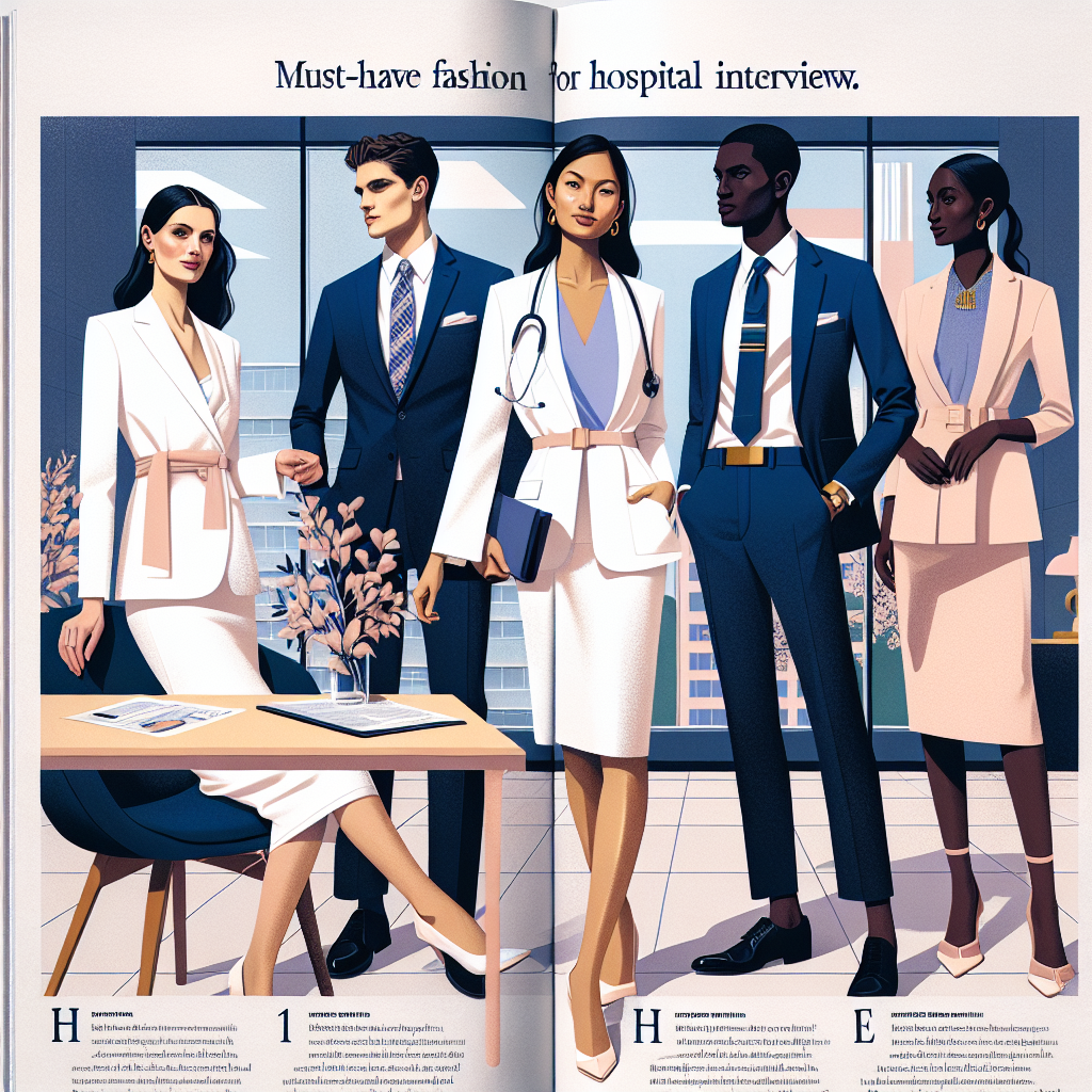An editorial spread depicting must-have fashion styles for hospital interviews. Display a variety of professional attires tailored to different personalities and roles. Visualize a Caucasian woman in a sleek, crisp white blazer and skirt combo, a Black man wearing a sharp navy suit, a South Asian woman in a sophisticated pastel dress, and a Hispanic man in business casual attire. Each should be portrayed with confidence and poise, implying their readiness for the interview. The backdrop can be a stylized representation of a hospital setting to give context to the scenario.