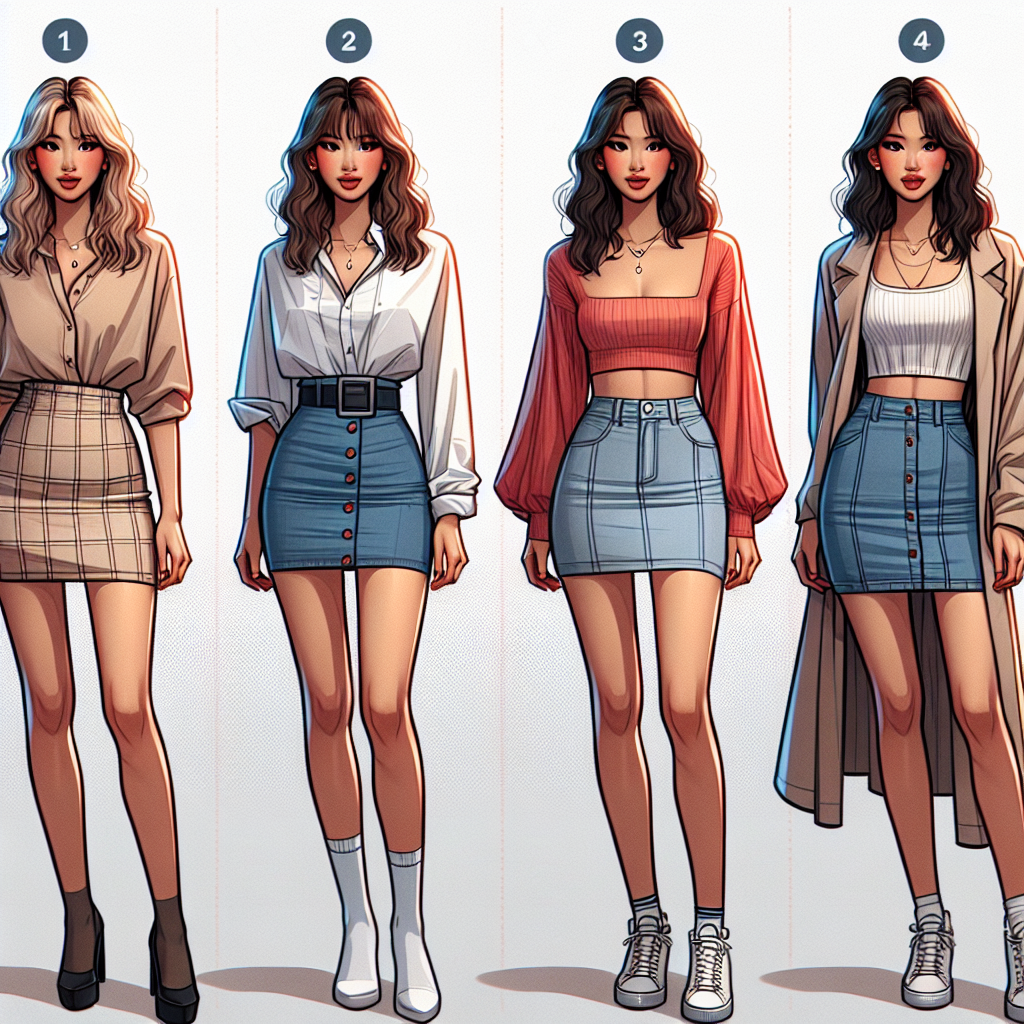 Must-Have Looks for Mini Skirts: Style Effortlessly! Visualize an informative style guide for mini skirts showcasing four diverse looks that are a must-have for any wardrobe. Scene 1: A Caucasian woman is styled in a classic, sophisticated way with a neutral toned mini skirt and a sophisticated blouse. Scene 2: An Asian woman sports a daring ensemble with a bright mini skirt and a trendy crop top. Scene 3: A Hispanic woman exhibits a casual look with her denim mini skirt and a cozy sweater. Scene 4: A Black woman in a chic professional outfit with a tailored mini skirt and a crisp blazer.