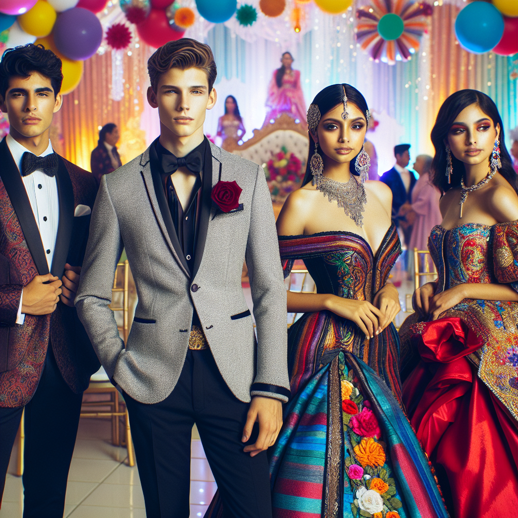 Visualize a scene of a quinceanera celebration. The focus is on the guests, each dressed in an array of stunning yet effortless styles. Consider a handsome Middle-Eastern teenager in a tailored suit, a Hispanic elder woman draped in traditional attire with a sense of elegance, a South-Asian lady adorning a fusion-style colorful outfit, accentuated with intricate patterns, and a Caucasian man, sporting a semi-formal look with a touch of flamboyance. In the background, let the colorful decorations of the venue, filled with balloons and flowers, set a festive ambiance.