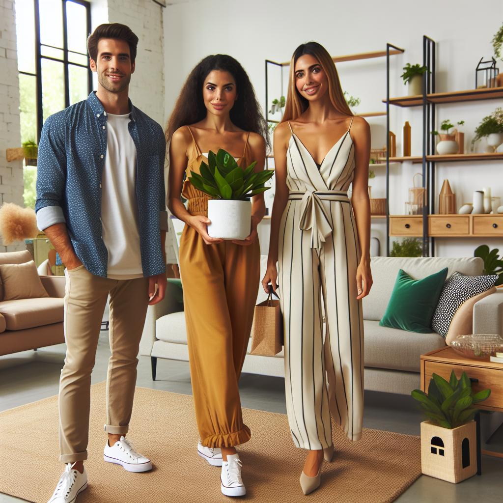 What to Wear to a Housewarming: Effortless Styles Picture an inviting scene of a housewarming party. In the spacious and tastefully decorated living room, three guests have arrived showing off their effortless styles: a Caucasian man in a smart-casual outfit, a black woman elegantly dressed in a bright jumpsuit, and a Middle-Eastern woman carrying a house plant gift, wearing a comfortable, yet stylish, dress. Create a vibe of friendly conversation, warm smiles, and a cheerful atmosphere featuring modern decor elements in the background, to represent the fresh beginnings a housewarming party signifies.