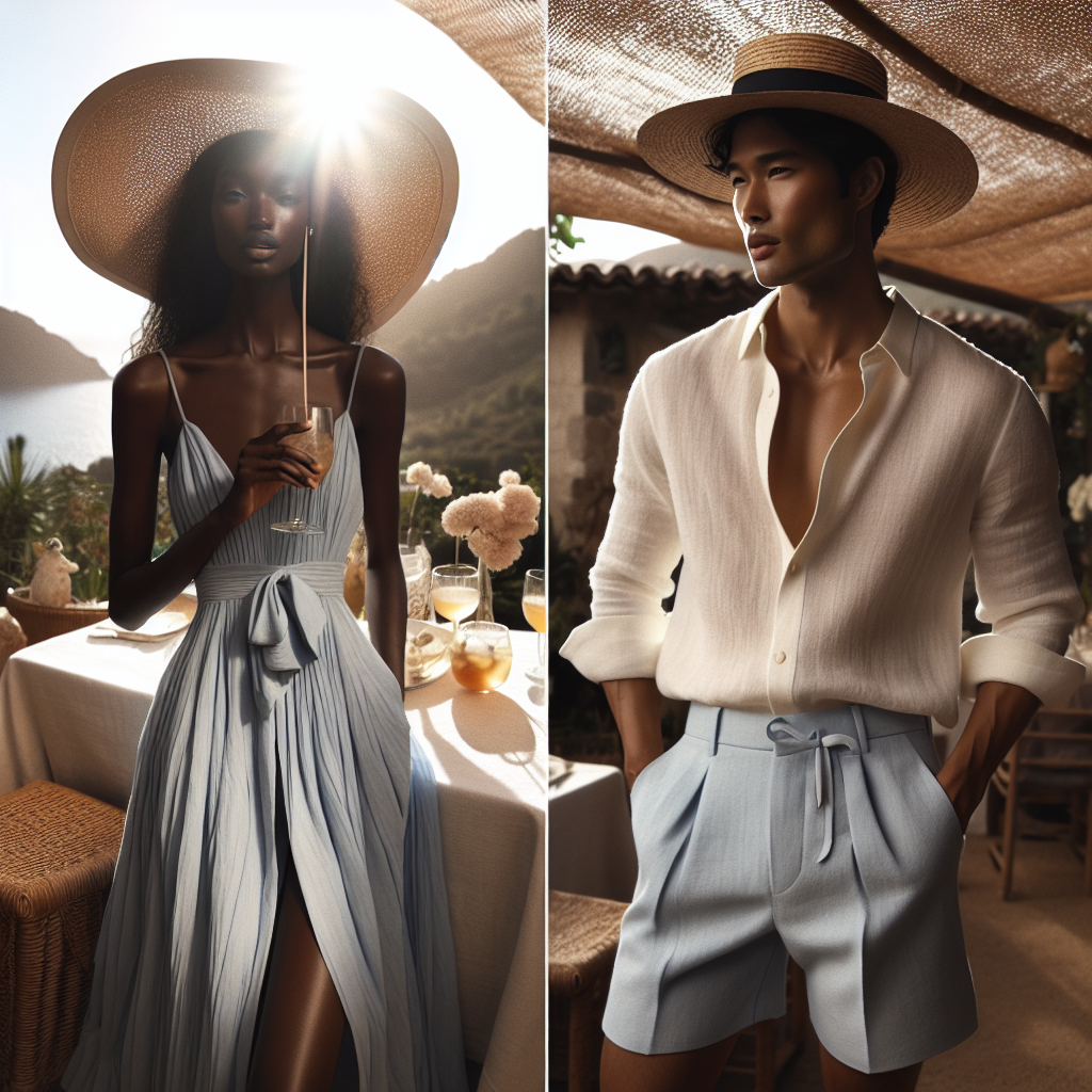 What to Wear to a Summer Soiree: Effortless Elegance Imagine a sun-drenched outdoor setting, where a summer soiree is in full swing. The air is filled with the soft murmur of conversation and the clink of glasses. Center the scene on two stylishly dressed individuals. One person is a Black woman, wearing a flowy, sky-blue sundress, showing off her elegance in comfort. She has a wide-brimmed sun hat decorated with a delicate ribbon. The other person is an Asian man, showcasing effortless sophistication in his crisp white linen shirt, paired with pastel-colored shorts. His attire is accentuated with a seasonal Panama hat. The image should encapsulate the essence of a blissful summer gathering and the elegance of the outfits worn.