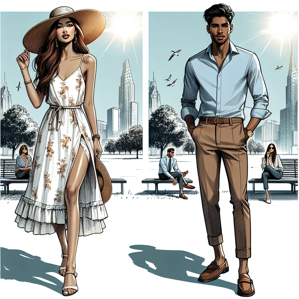 Create a detailed illustration of a stunning outdoor fashion showcase featuring a couple of individuals. The first person, a South Asian female, is rocking a summery white floral dress with a sun hat, posing effortlessly in an open field. The sunlight illuminates her outfit, making it appear radiant. Another person, a Black male, is donned in a suave, must-have business casual outfit. His outfit consists of a light blue shirt, brown chinos, and loafers, captivated perfectly in a downtown setting with modern architecture as a backdrop. Both their ensembles should embody the ideal offsite outfits.