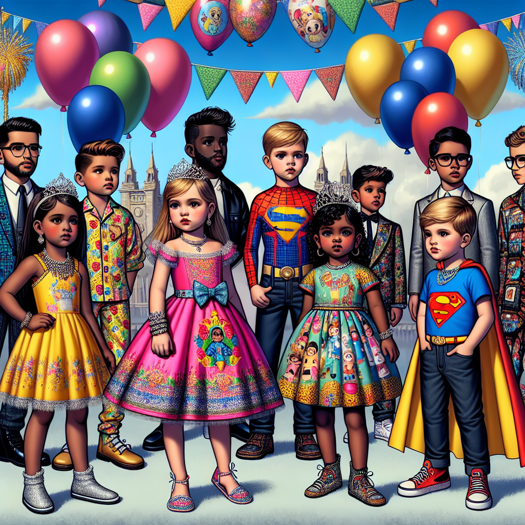Essential Guide: What to Wear for a Kids Birthday Party An elaborate scene showcasing a variety of children's party attire. There are several distinct figures, including a Caucasian girl wearing a brightly colored sundress adorned with festive accessories like a tiara and sparkly bangles, a Black boy dressed in a classic superhero costume, complete with a cape, a Hispanic boy sporting a casual ensemble of jeans and a graphic t-shirt featuring a popular children's cartoon and a South Asian girl in a comfortable jumpsuit with playful prints. Background of the scene is filled with festive baloons and a clear blue sky.