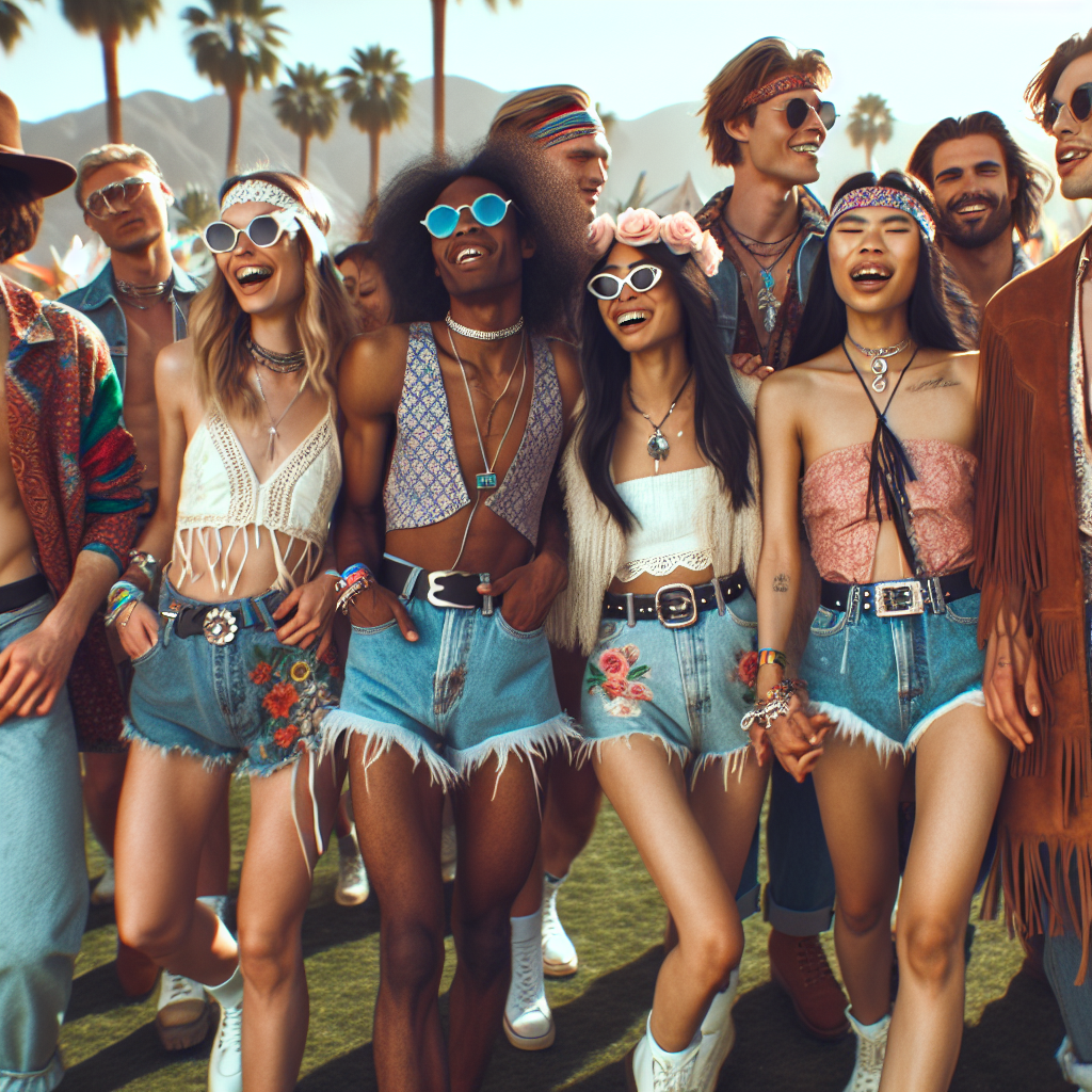 Imagine a vibrant and lively scene of a Coachella-themed party. Focus on the depiction of different stunning outfits that steal the show. Capture the essence of the music festival with eclectic and bohemian-inspired styles. A group of individuals of diverse descents, such as Caucasian, Black, South Asian, Hispanic, and Middle-Eastern, are present. Each individual displays a unique fashion sense, embracing a mix of modern trends and vintage influences. From high-waisted denim shorts, fringed jackets, floral headbands, to oversized sunglasses, their styles embody the free spirit of Coachella. Both male and female attendees express their personal style, laughing and dancing under the warm sunlight.