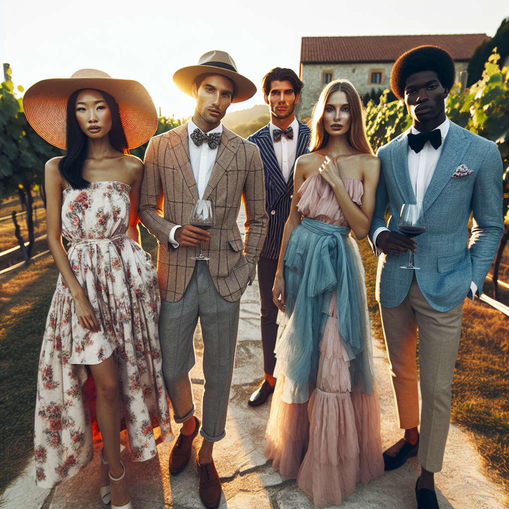 Showcase four highly fashionable individuals standing together at an outdoor winery setting, ready for a wedding. Each one is uniquely sartorially dressed as a wedding guest. One person is an Asian woman, stylishly dressed in a floral print sundress and broad-brimmed hat. The second person is a Caucasian man, looking dapper in a linen suit holding a wine glass. The third person is a Middle-Eastern woman, elegantly wearing a pastel chiffon evening gown. Finally, there's a Black man, impressively dressed in a blue tailored tuxedo. The sun is setting behind the vineyards, illuminating the scene with a warm, golden glow.