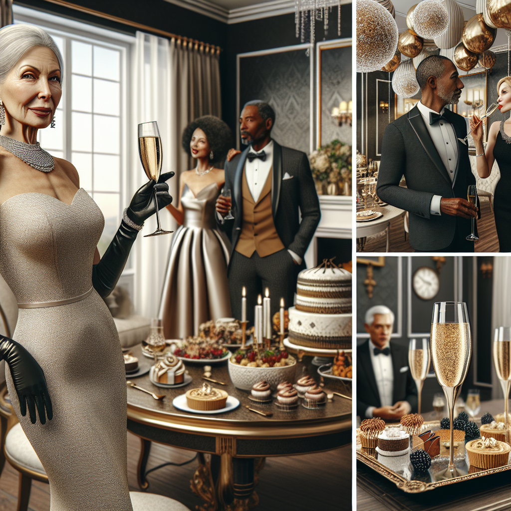Visualize a scene in a stylish environment designed for a 50th birthday party. A middle-aged Caucasian woman wearing an elegant evening gown with sparkling accessories, standing near a beautifully decorated table filled with gourmet treats. A middle-aged Black man donning a classy tuxedo adorns the room, while the party decoration showcases a golden-theme indicating the golden jubilee celebration. In another corner, a Hispanic woman in a sleek cocktail dress, drinking champagne and a Middle-Eastern man in a tailored suit discussing. All are excited, exemplifying stylish and age-appropriate fashion.