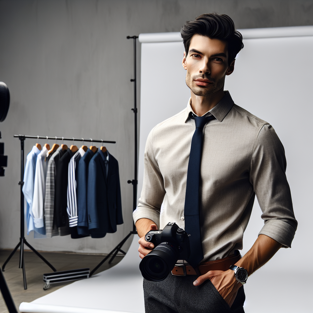 Envision a scene set in a professional photography studio. Two individuals are present. A Caucasian female photographer in her 30s, wearing a casual black outfit and holding a high-end DSLR camera with a backdrop stand behind her. The other person is a well-dressed South Asian male in his 40s, confidently posing for his headshot. He is wearing a crisply ironed, neutral-toned shirt paired with a carefully chosen tie that adds a touch of color without being distracting. His hair is smartly styled, giving an air of effortlessness while the subtle makeup enhances his features. There is a rack in the corner of the room, filled with various stunning outfits indicating potential selections for the shot.