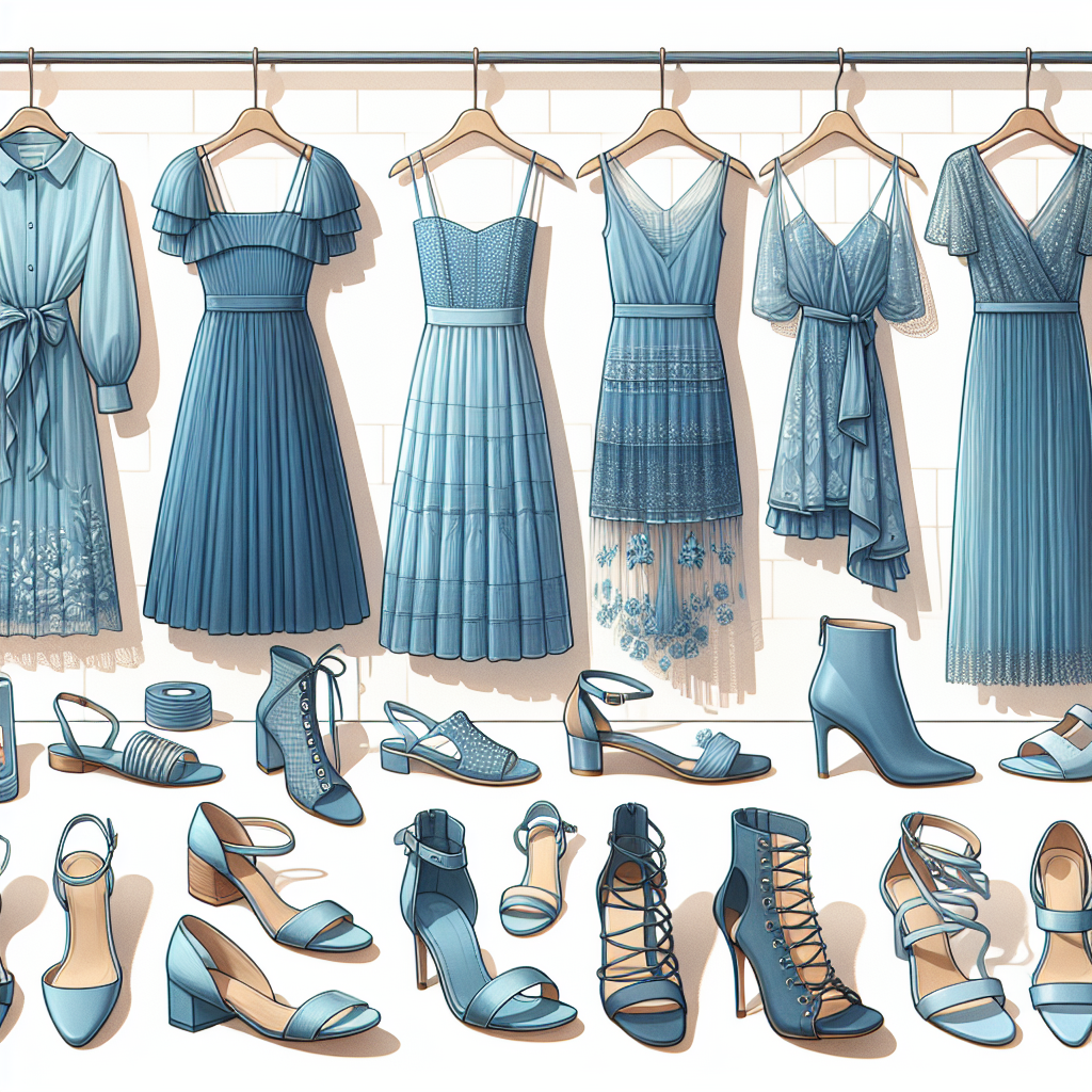 Must-Have Shoes for Blue Dresses: Effortless Style! Envision a collection of must-have shoes styled perfectly with elegant blue dresses. Depict an array of footwear ranging from strappy sandals to sleek heels, all in complementary colors. Also include a variety of blue dresses, from light baby blue to deep navy blue, each with unique designs to represent diverse tastes. Show these dresses and shoes on display, perhaps on a stylish rack or in a chic boutique setting. Ensure the scene reflects effortless style and sophistication, captivating the essence of modern fashion trends.