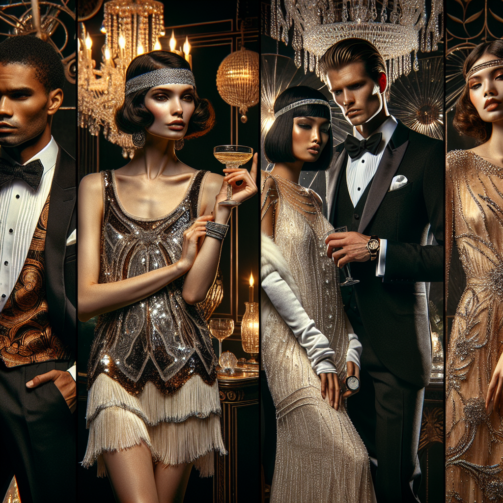 Stunning 1920s Party Outfits: Effortlessly Chic Choices Glamorous party outfits in the 1920s style: a Caucasian woman in a glimmering flapper dress with sequins and feathers, a black man in an elegant suit and bow tie, a Middle-Eastern woman donning an intricate beaded gown and a headband, and an Asian man in a sharp tuxedo with a pocket watch. The scene also includes a lavish party backdrop with 1920s art deco elements and a grand chandelier casting a glow revealing the effortlessness and chicness of these choices.