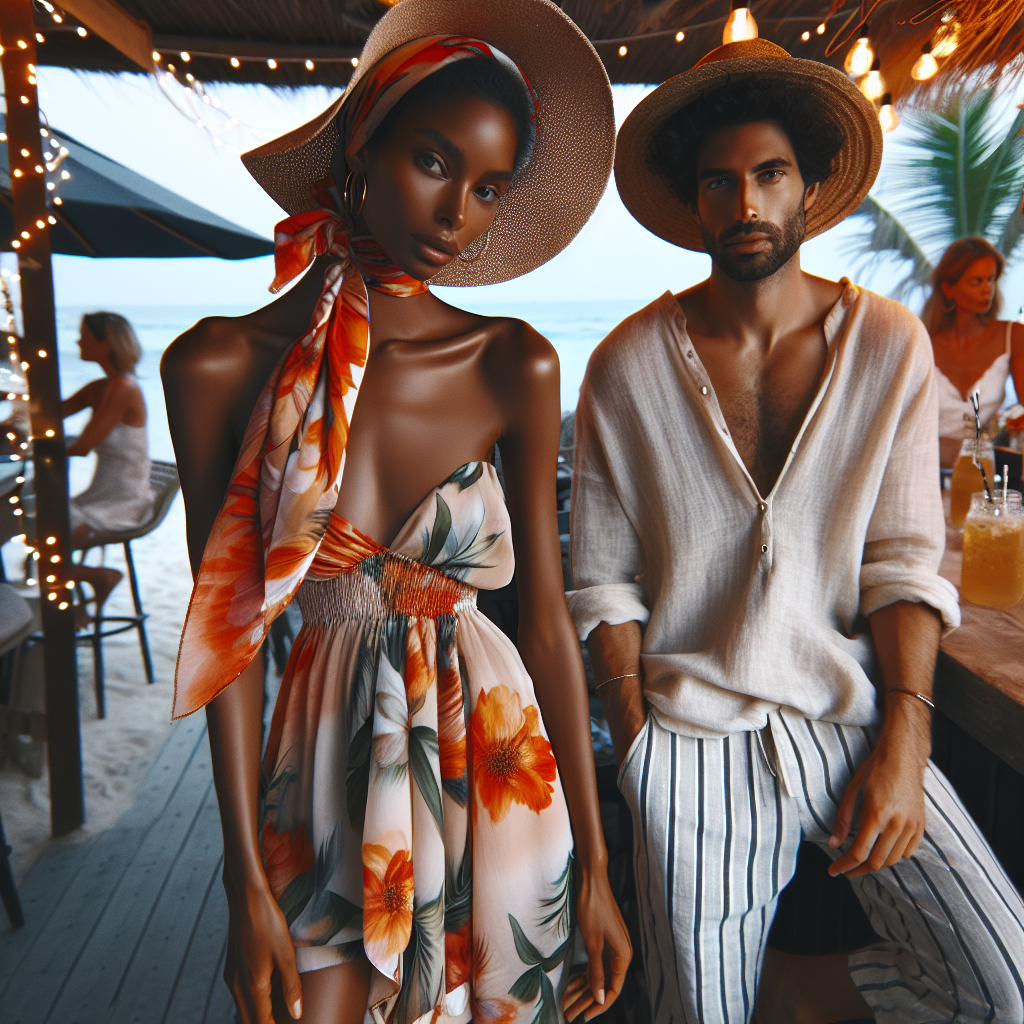 Stunning Outfits for Beach Bars: Effortless Style Create an image of a fashion-forward scene at a beach bar. Show a confident black woman wearing a flowing sun-dress accentuated by a bright, floral headscarf. She is accompanied by an easygoing Middle-Eastern man sporting lightweight linen trouser ensemble paired with a straw hat. They're savoring the laid-back atmosphere, adorned by twinkling fairy lights and palm trees swaying in the gentle breeze. The outfits subtly express the vibrancy of the beach and the casual sophistication of the bar, embodying effortless style.