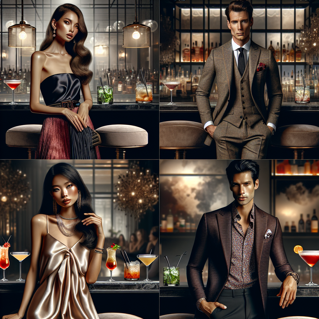 Must-Have Outfits for Every Cocktail Bar Outing Depict various high-end fashion looks suitable for cocktail bar outings. Showcase four different outfits, each modeled by a person of different descent - a Caucasian woman wearing an elegant cocktail dress with statement accessories, a Hispanic man donning a sharp suit with a classy pocket square, an Asian woman radiating in a satin jumpsuit and on-trend jewelry, and a Black man exuding cool in a tailored blazer and patterned shirt. Set the scene against a luxurious cocktail bar's ambient background with dim lighting, plush chairs, and an array of colorful cocktails on a clean, glossy counter.
