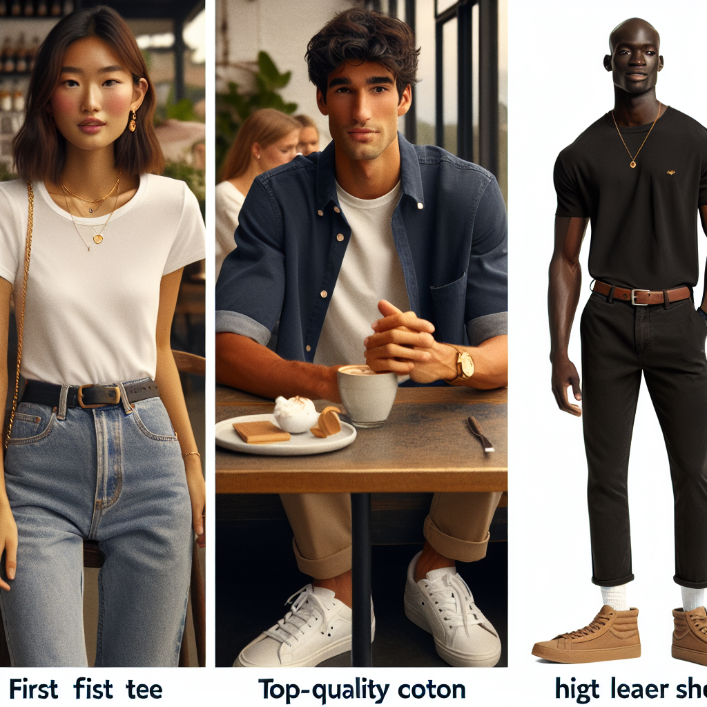 Casual First Date Outfits: Effortless, Must-Have Looks A variety of casual outfits suitable for a first date. Three different people of diverse ethnic backgrounds are shown. The first is a South Asian woman wearing a simple white tee paired with denim jeans and white sneakers, accessorized with a dainty gold necklace. The second is a Hispanic man wearing a relaxed fit dark denim shirt with khaki chinos and brown leather shoes. Lastly, an African male wearing a logo free, top-quality cotton t-shirt, black jeans and high top trainers. Each setting is a casual, relaxed atmosphere such as a coffee shop or park.
